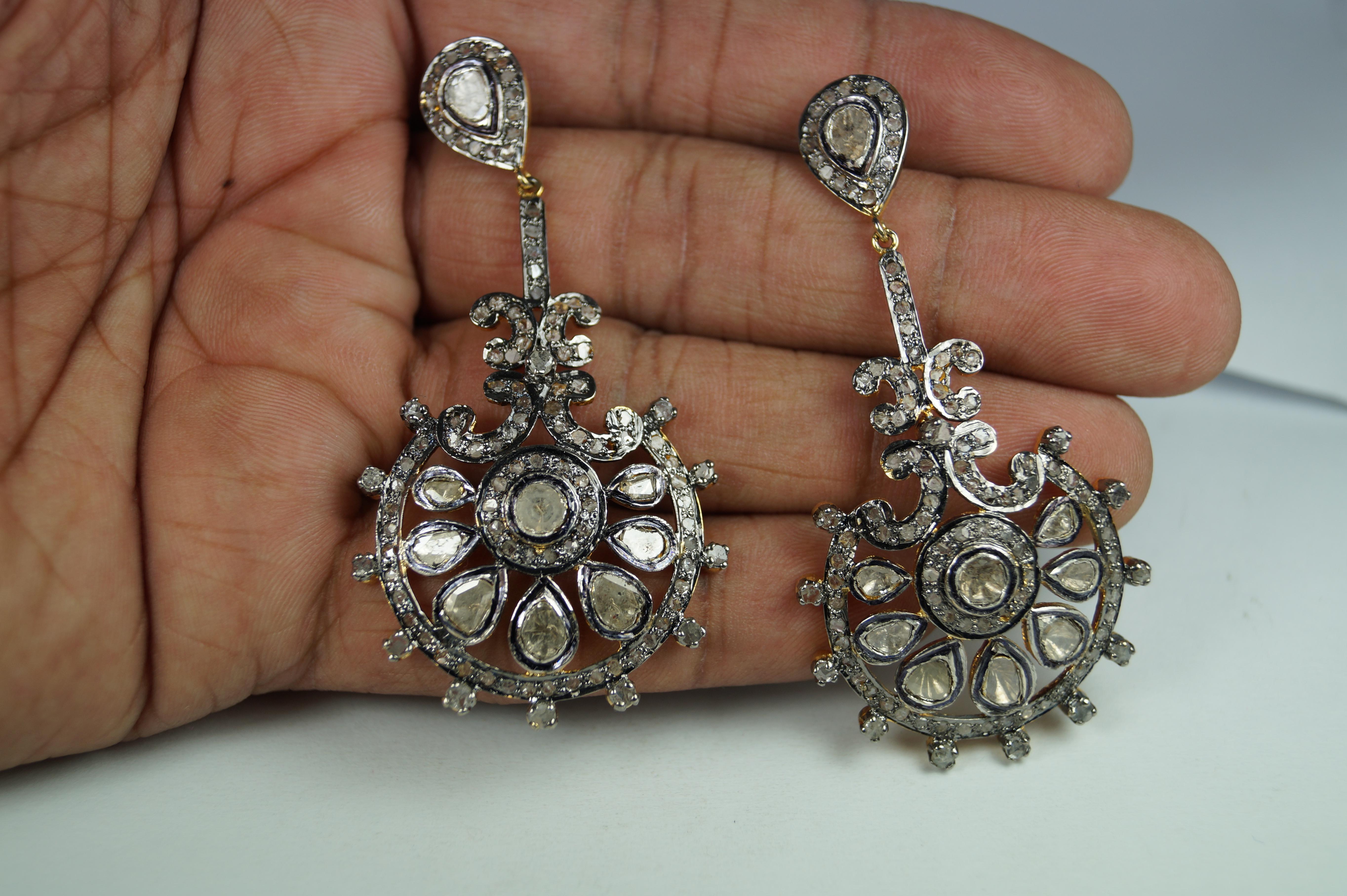 Edwardian Certified natural real uncut diamonds sterling silver dangler earrings For Sale