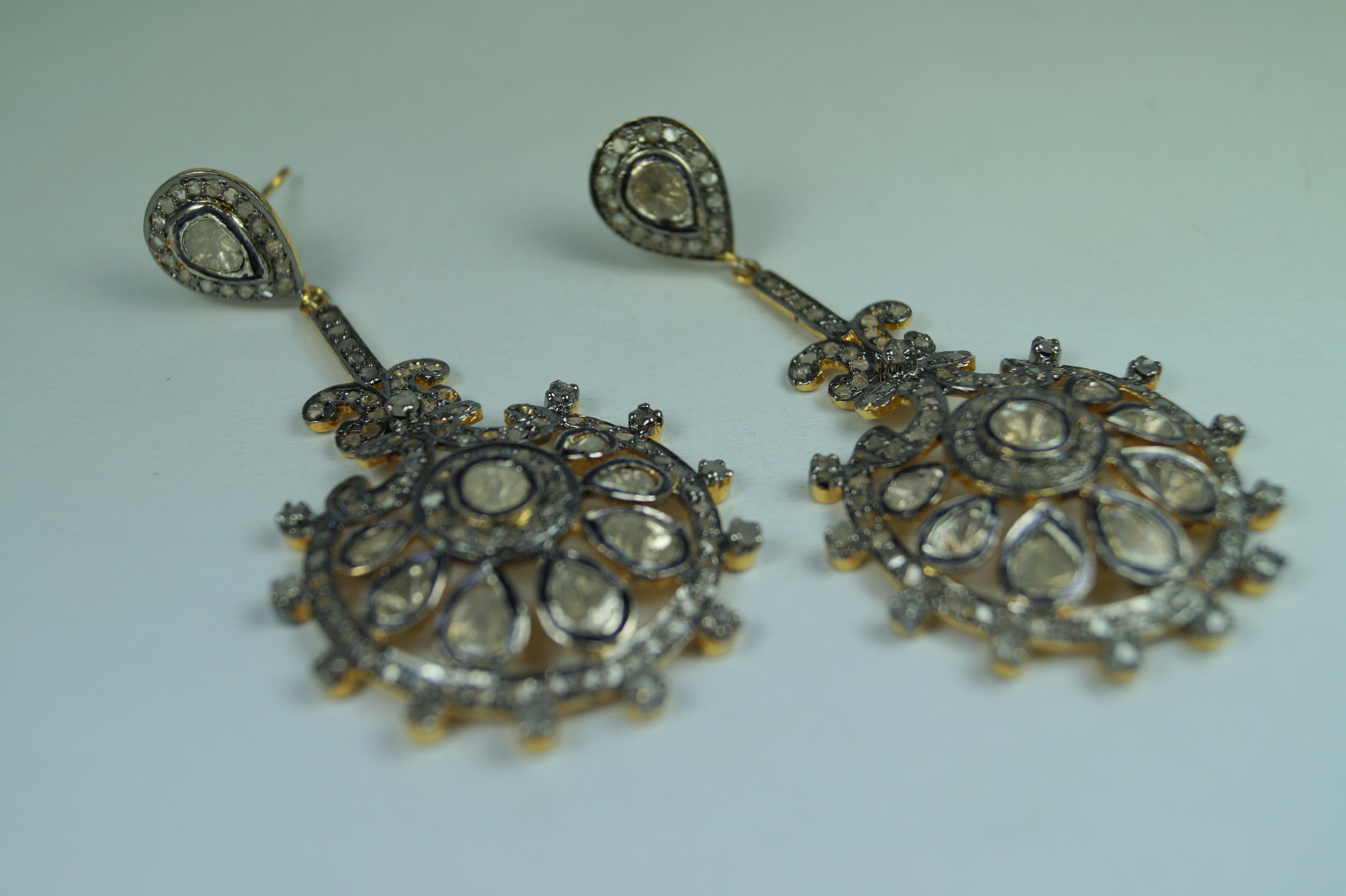 Certified natural real uncut diamonds sterling silver dangler earrings In New Condition For Sale In Delhi, DL
