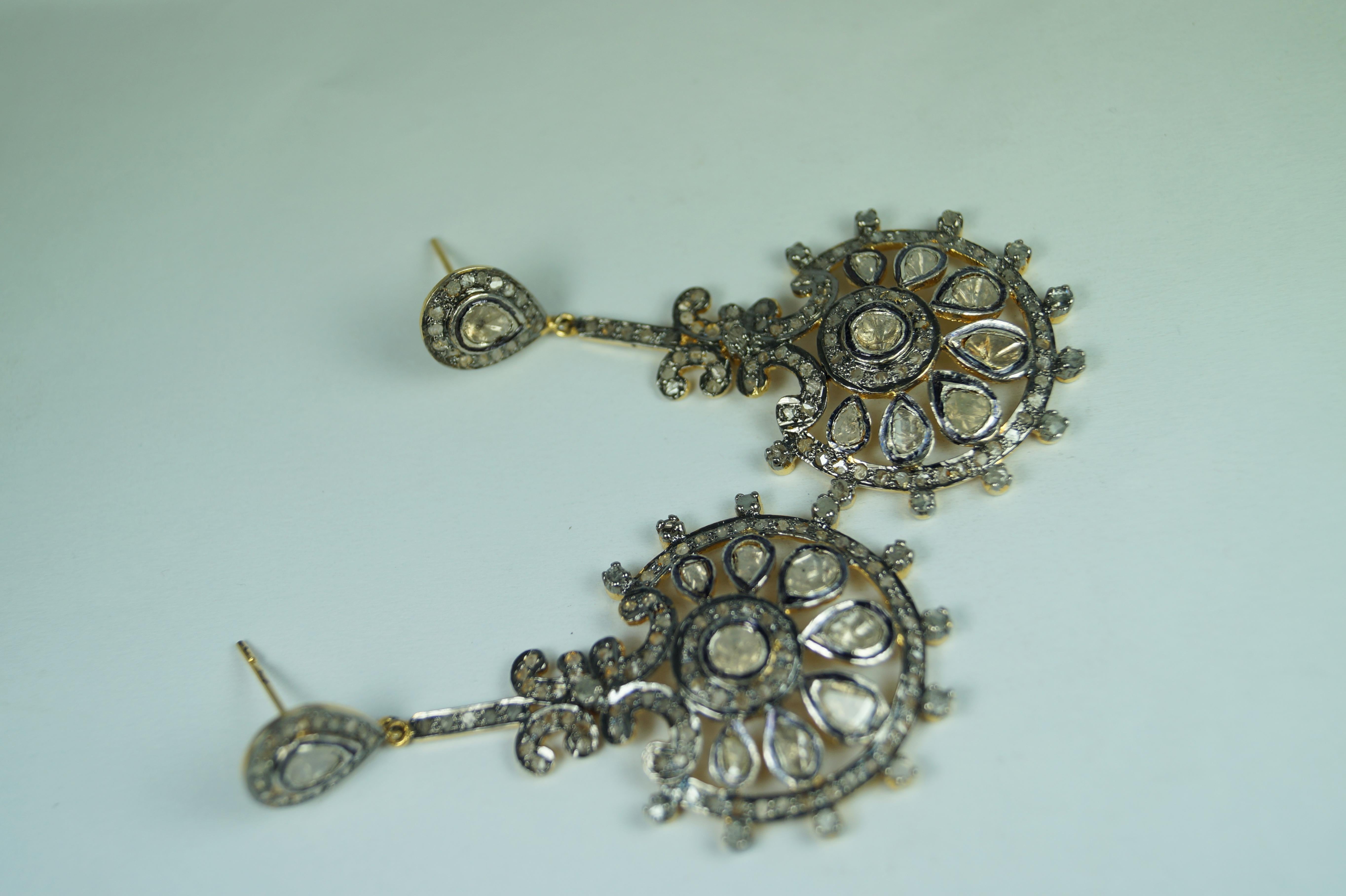 Women's or Men's Certified natural real uncut diamonds sterling silver dangler earrings For Sale
