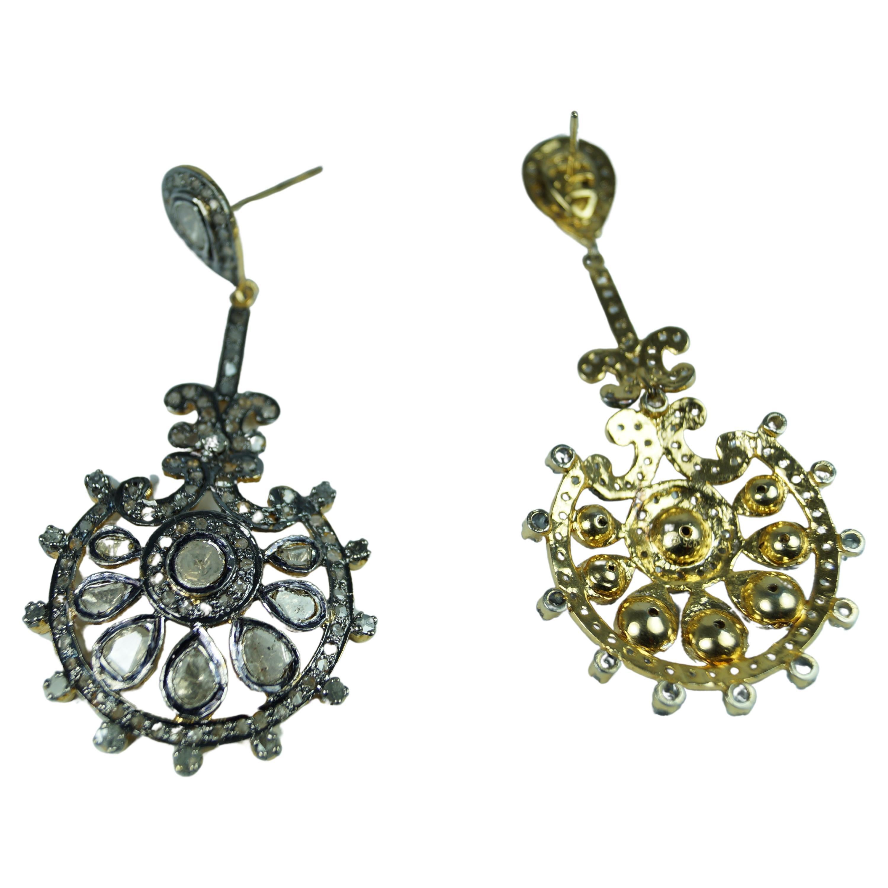 Certified natural real uncut diamonds sterling silver dangler earrings For Sale