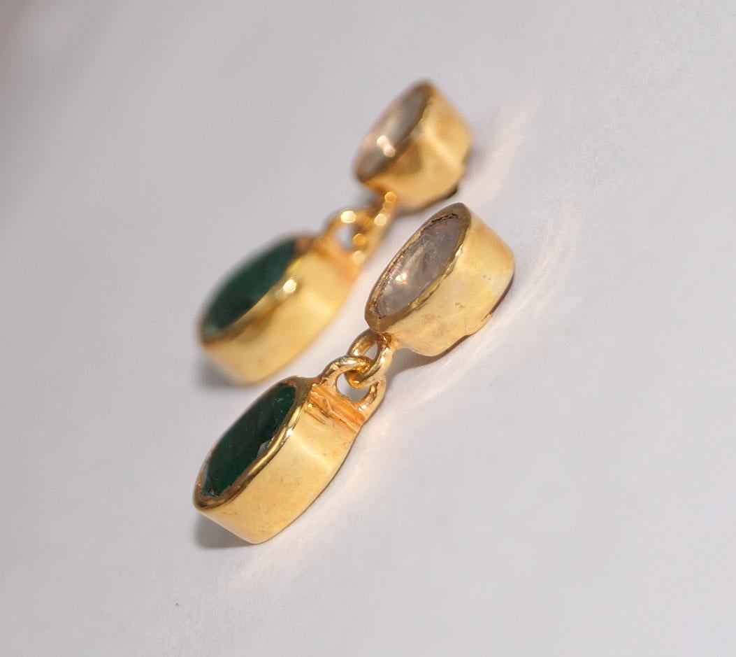 Edwardian Certified natural real uncut diamonds sterling silver emerald drop earrings For Sale