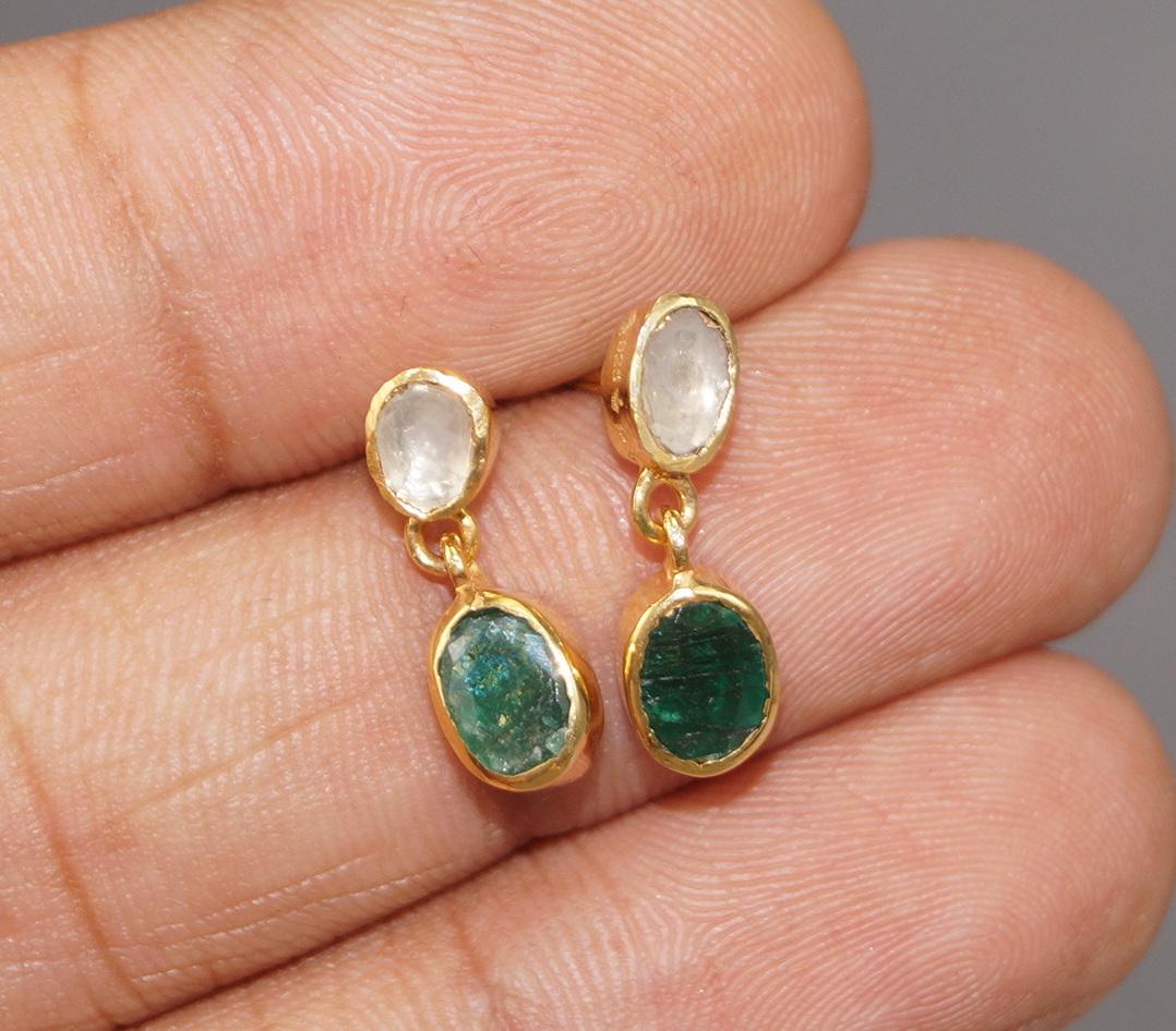 Women's or Men's Certified natural real uncut diamonds sterling silver emerald drop earrings For Sale