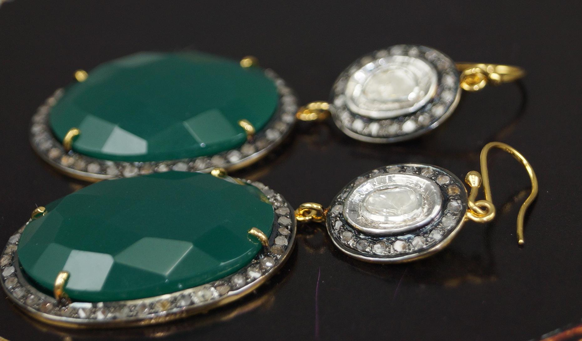 Edwardian Certified natural real uncut diamonds sterling silver emerald green earrings For Sale
