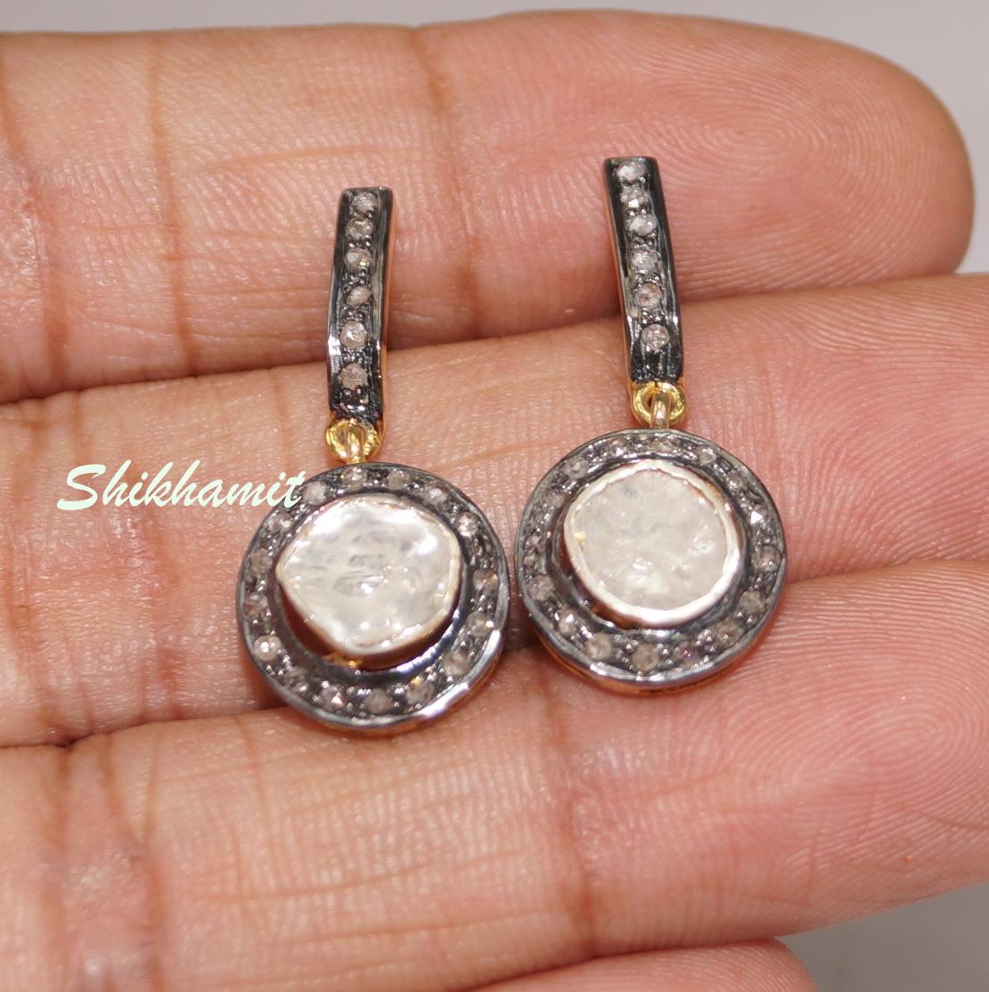 Edwardian Certified natural real uncut diamonds sterling silver round drop earrings For Sale