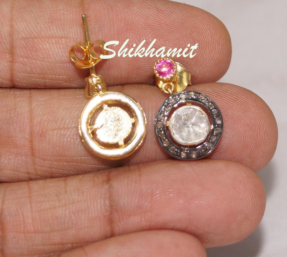 Certified natural real uncut diamonds sterling silver round ruby drop earrings In New Condition For Sale In Delhi, DL