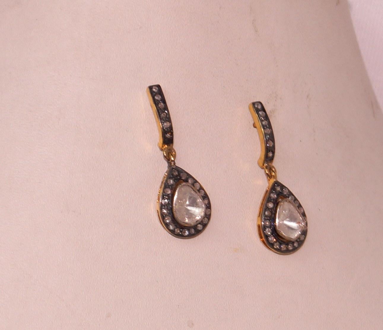 Women's or Men's Certified natural real uncut diamonds sterling silver tear drop earrings For Sale
