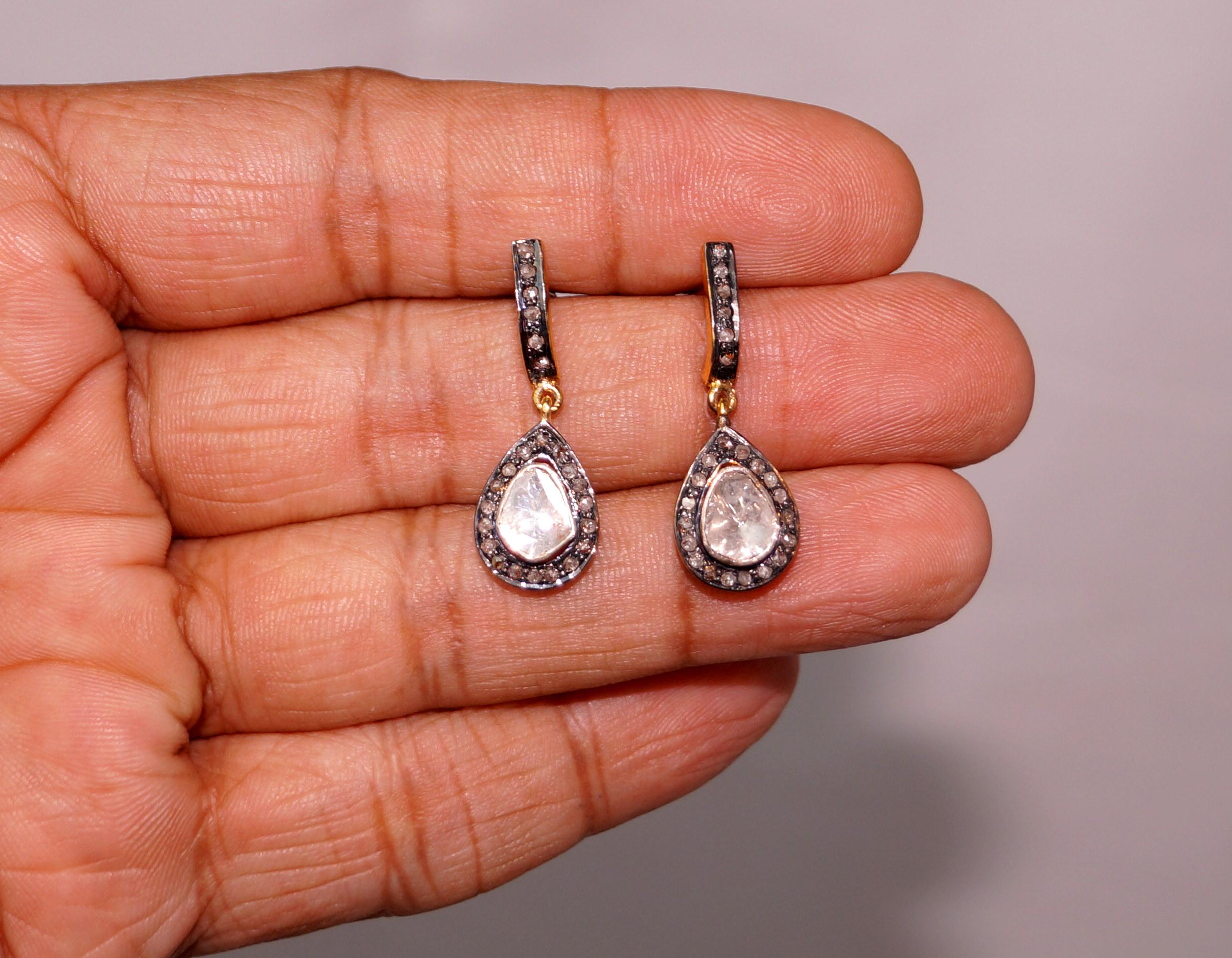 Certified natural real uncut diamonds sterling silver tear drop earrings For Sale 1