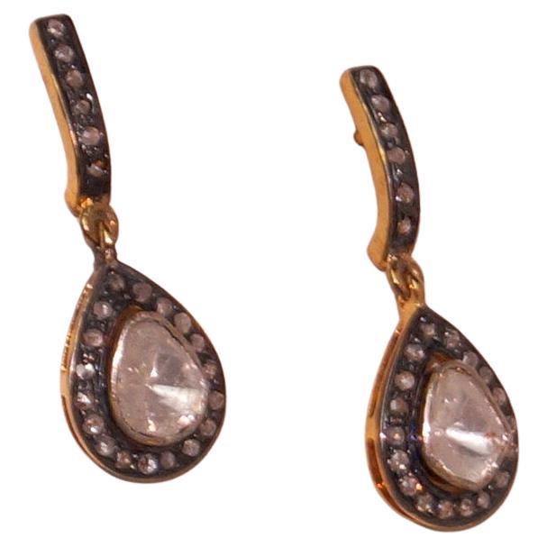 Certified natural real uncut diamonds sterling silver tear drop earrings For Sale