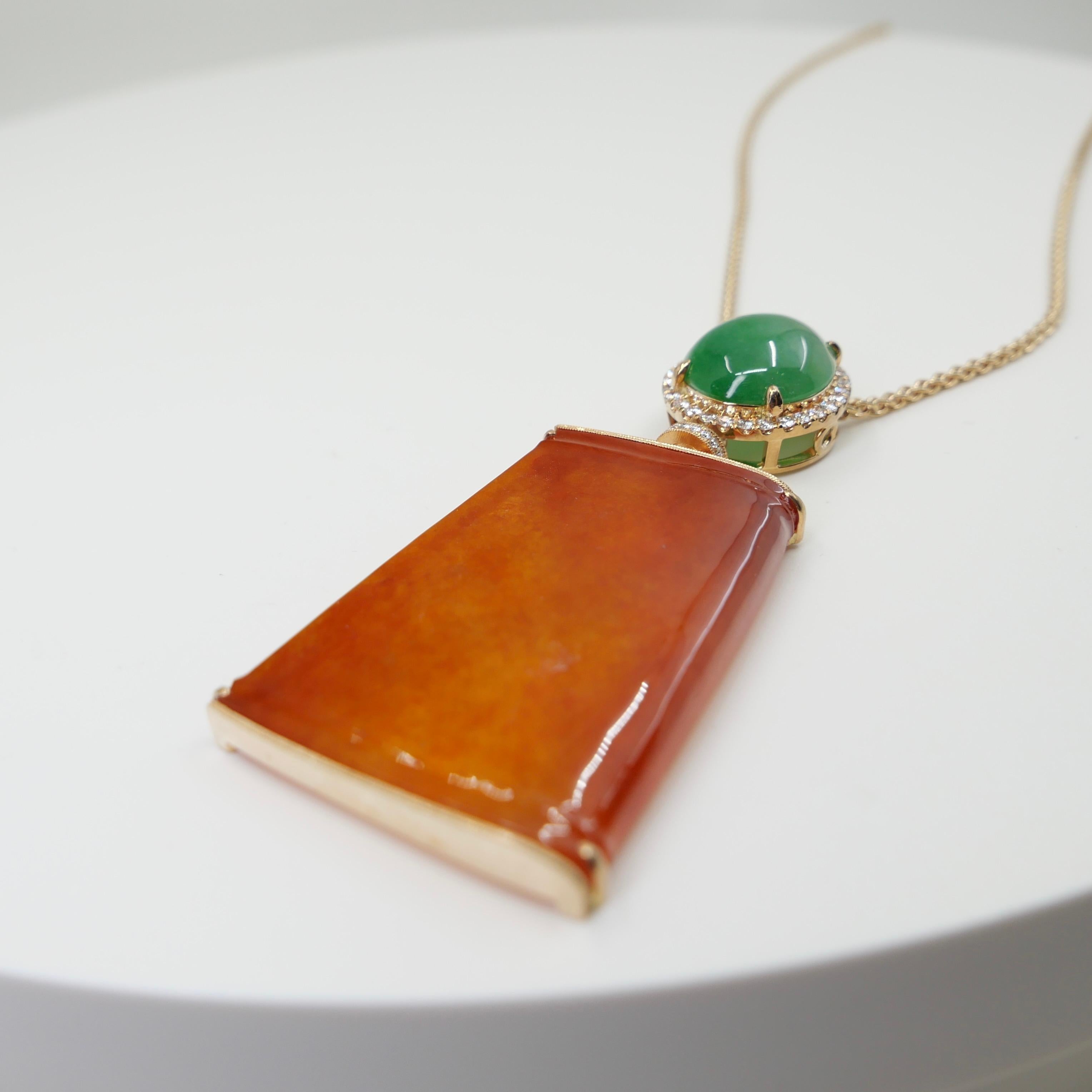 Certified Natural Red Jade & Diamond Pendant Necklace. Reversible & Substantial. For Sale 2
