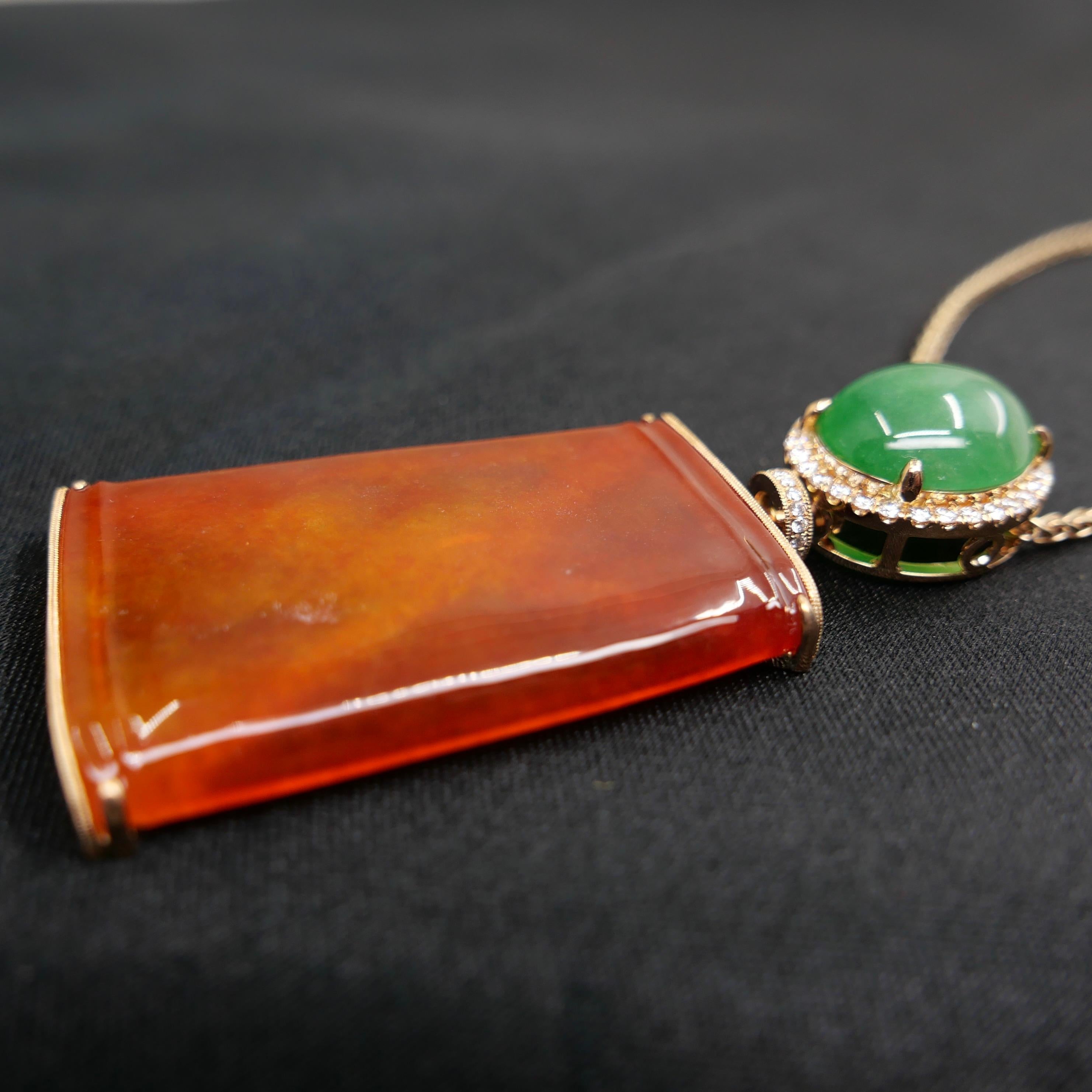 Certified Natural Red Jade & Diamond Pendant Necklace. Reversible & Substantial. In New Condition For Sale In Hong Kong, HK