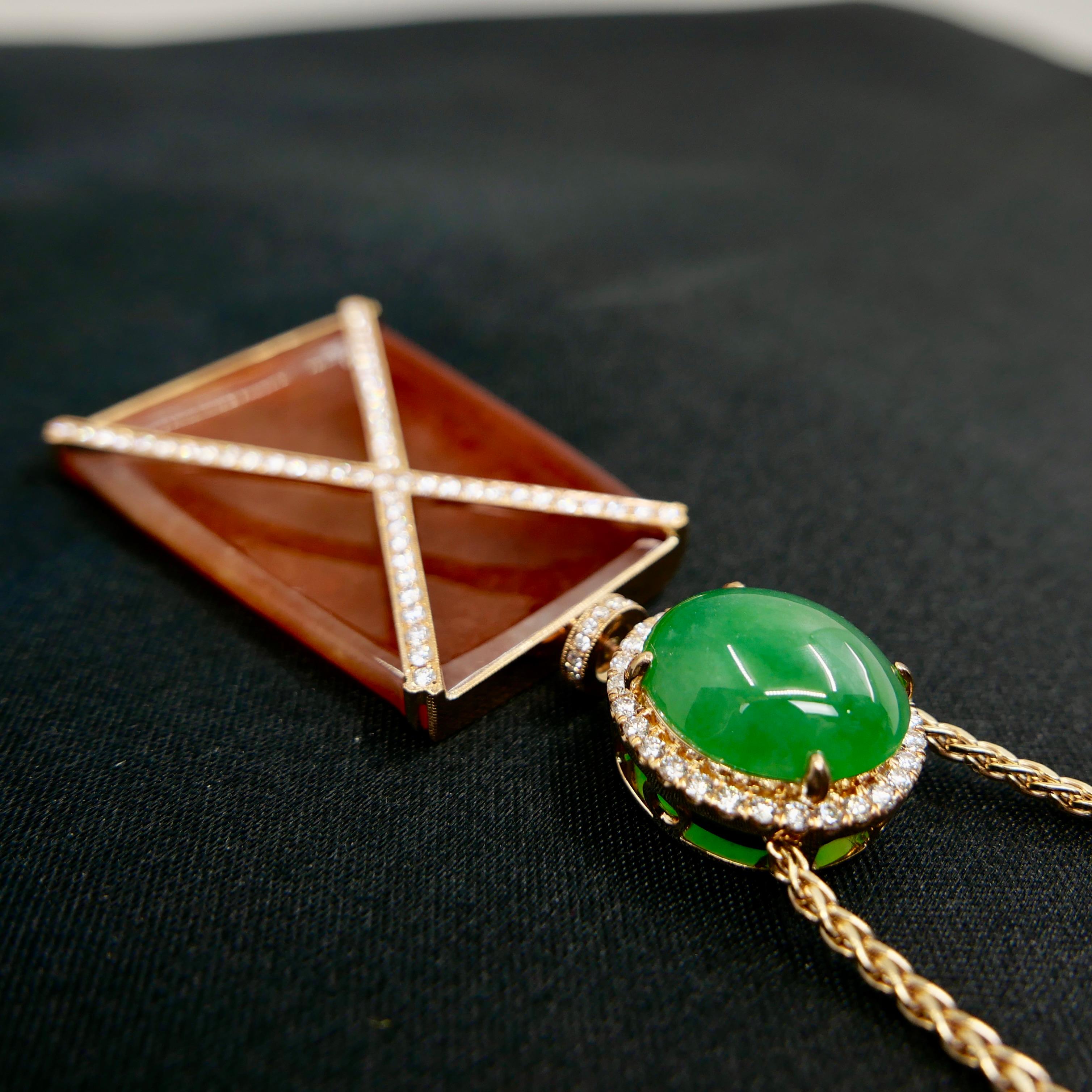 Certified Natural Red Jade & Diamond Pendant Necklace. Reversible & Substantial. For Sale 1