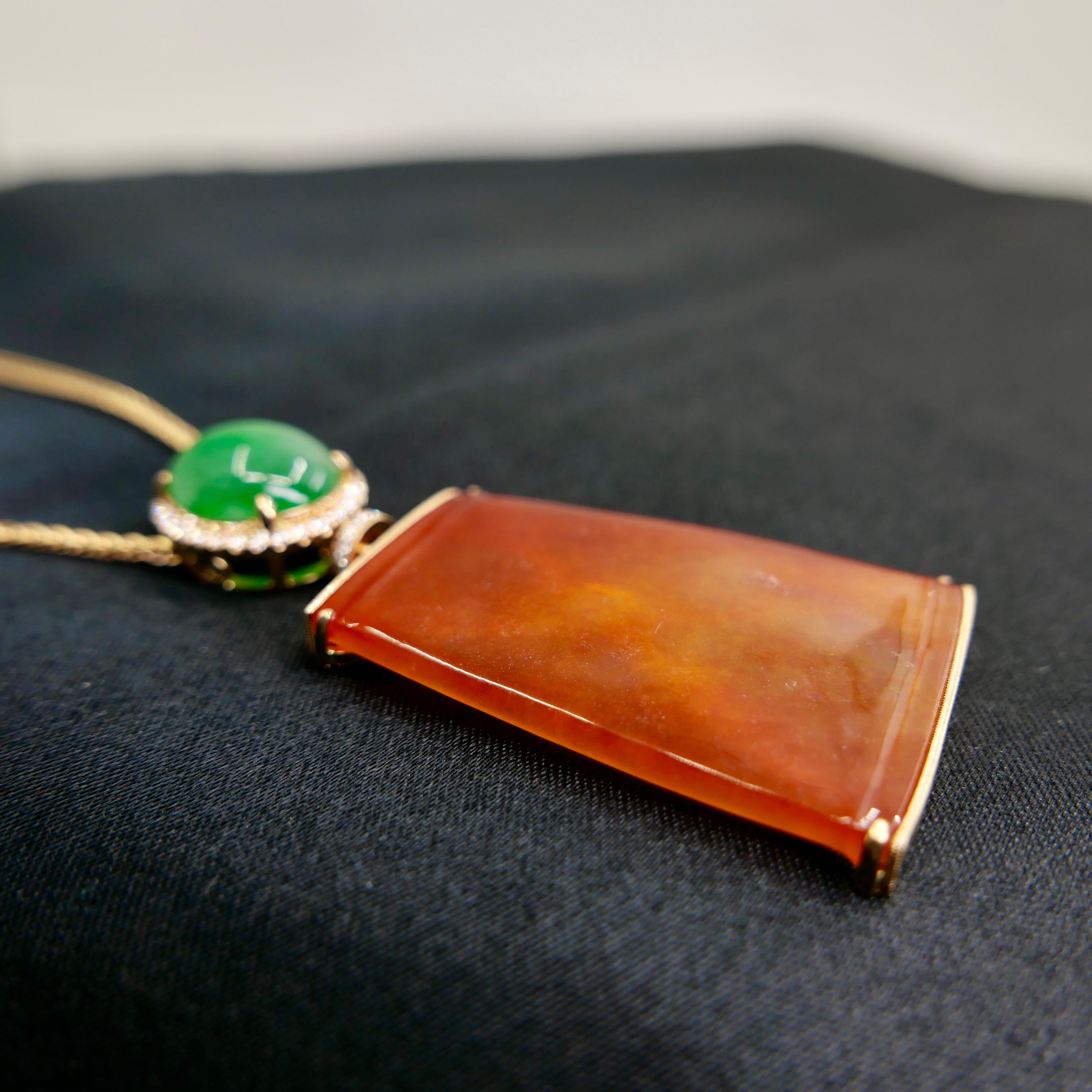 Certified Natural Red Jade & Diamond Pendant Necklace. Reversible & Substantial. For Sale 6