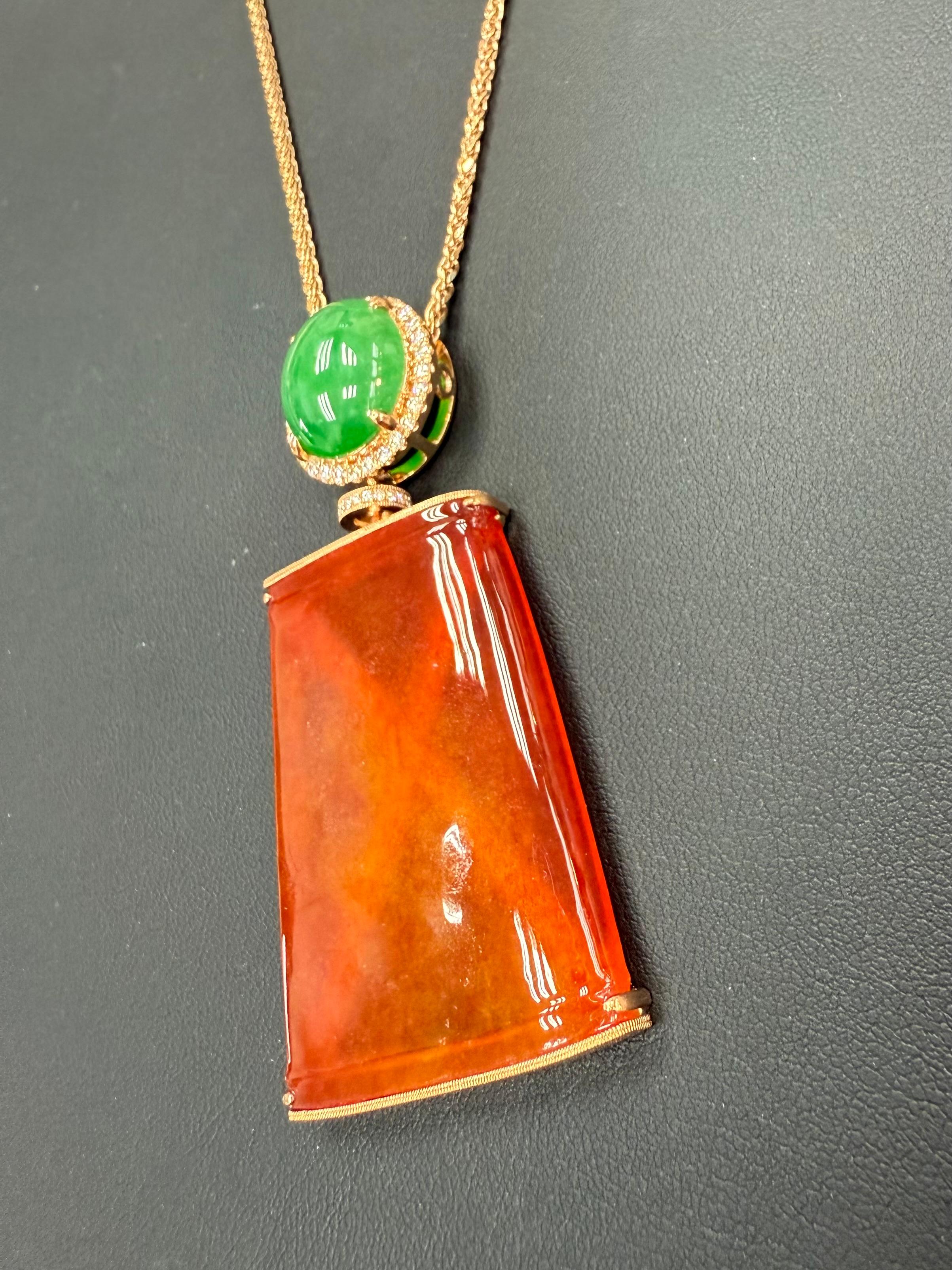 Certified Natural Red Jade & Diamond Pendant Necklace. Reversible & Substantial. For Sale 3