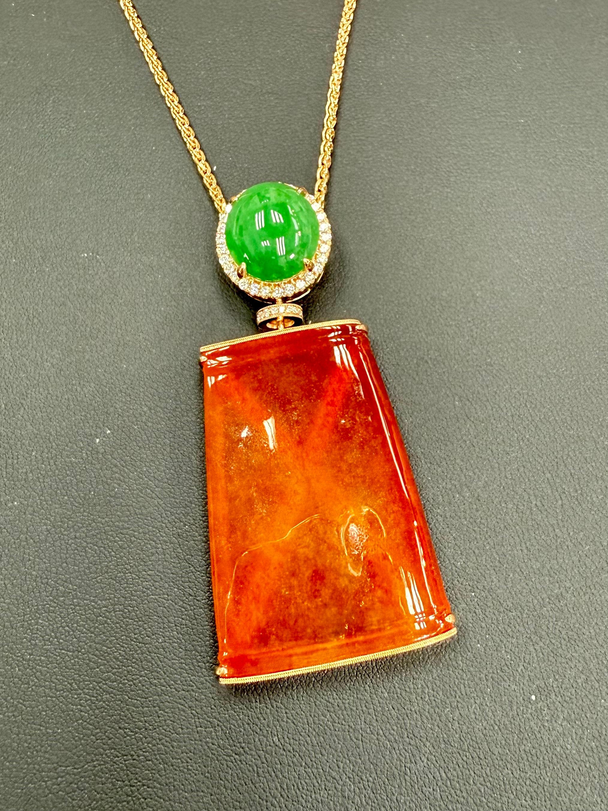 Certified Natural Red Jade & Diamond Pendant Necklace. Reversible & Substantial. For Sale 10