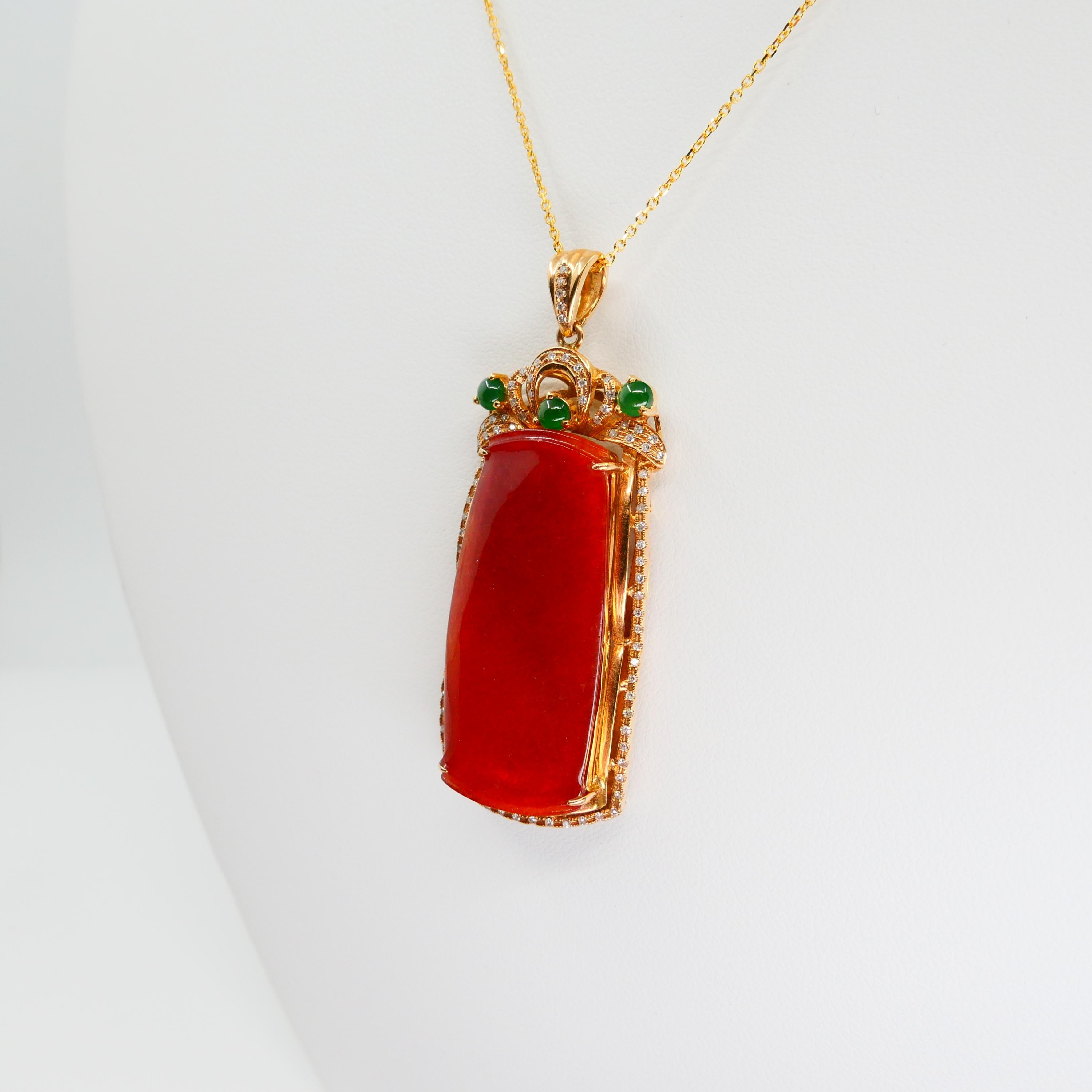 Certified Natural Red Jade, Diamonds, Imperial Green Jade Pendant Drop Necklace 3