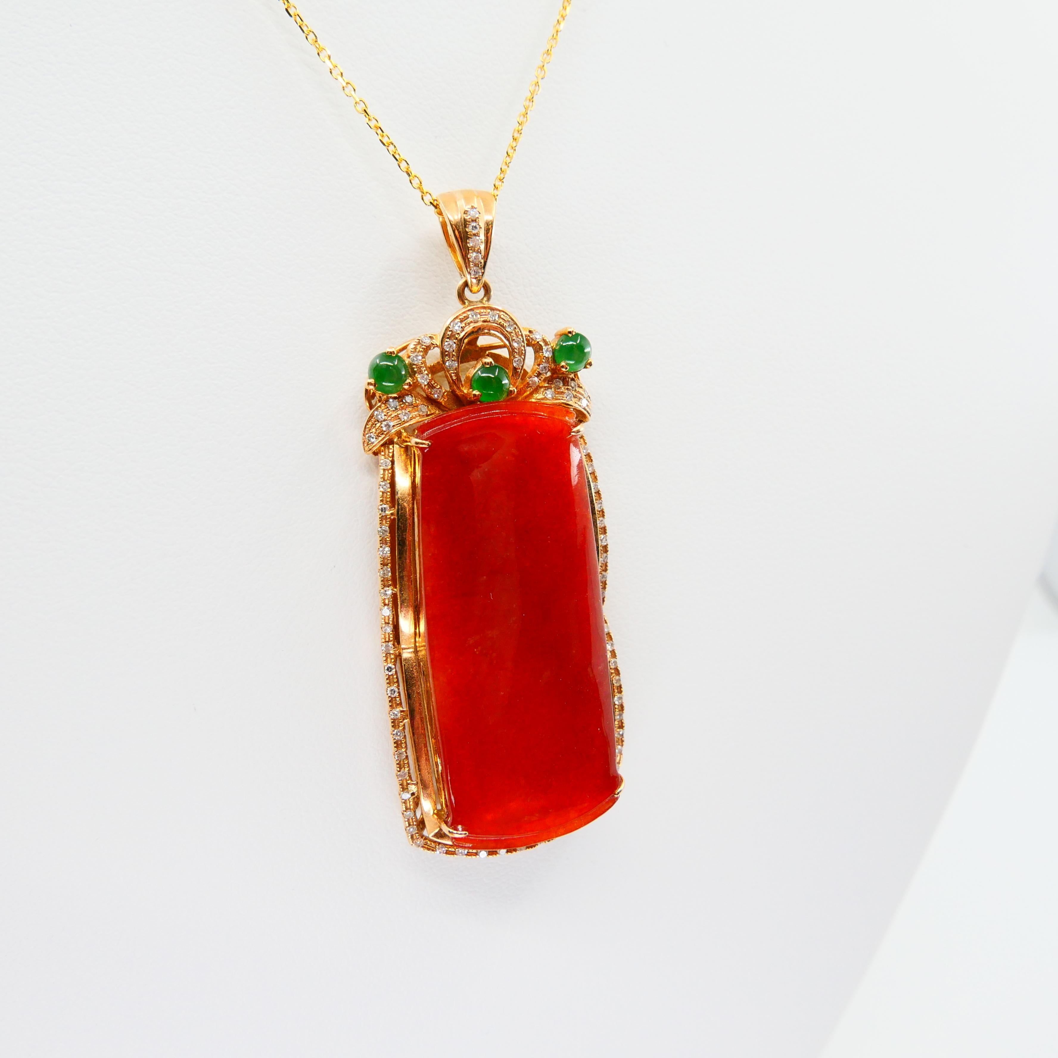 Certified Natural Red Jade, Diamonds, Imperial Green Jade Pendant Drop Necklace 4