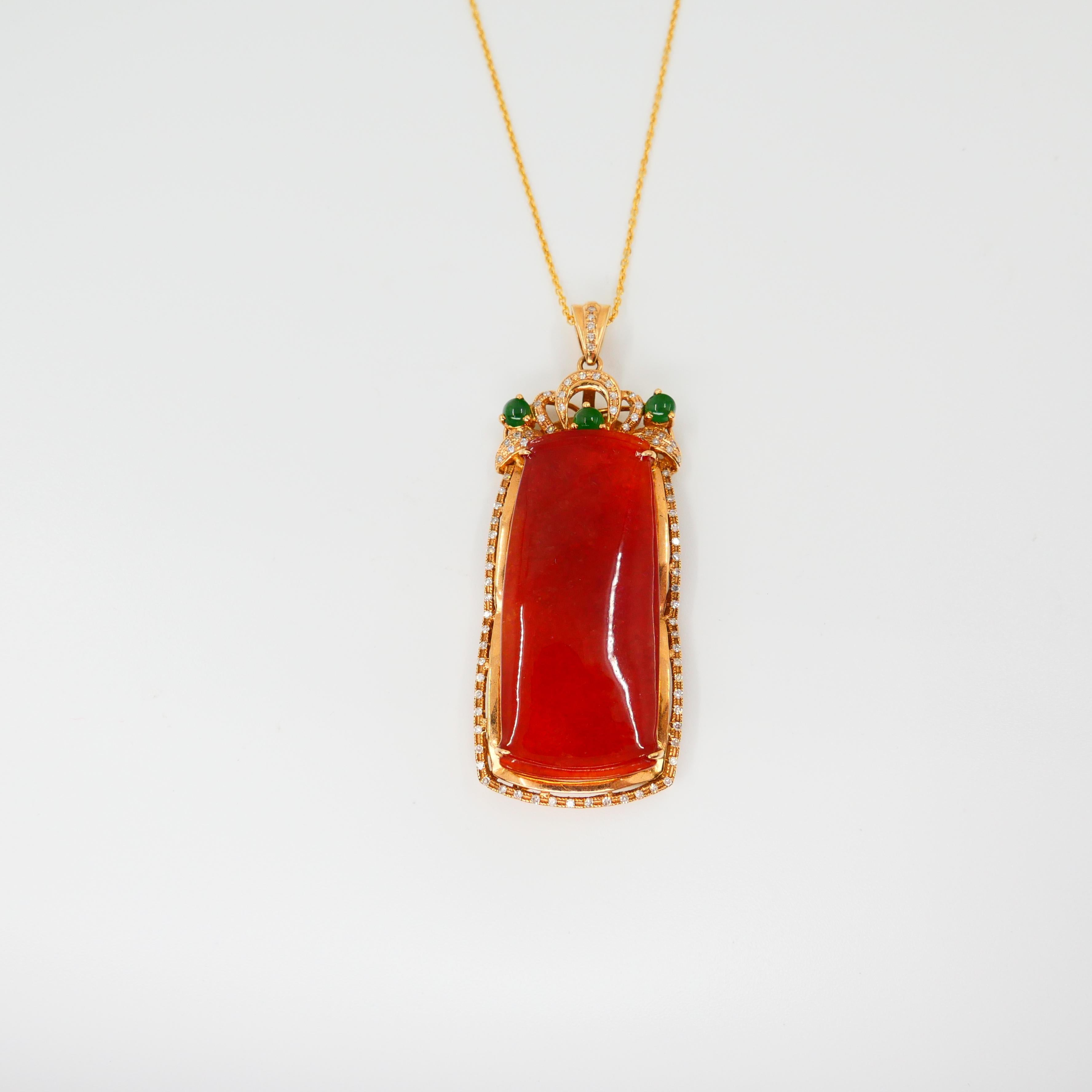 Certified Natural Red Jade, Diamonds, Imperial Green Jade Pendant Drop Necklace 5