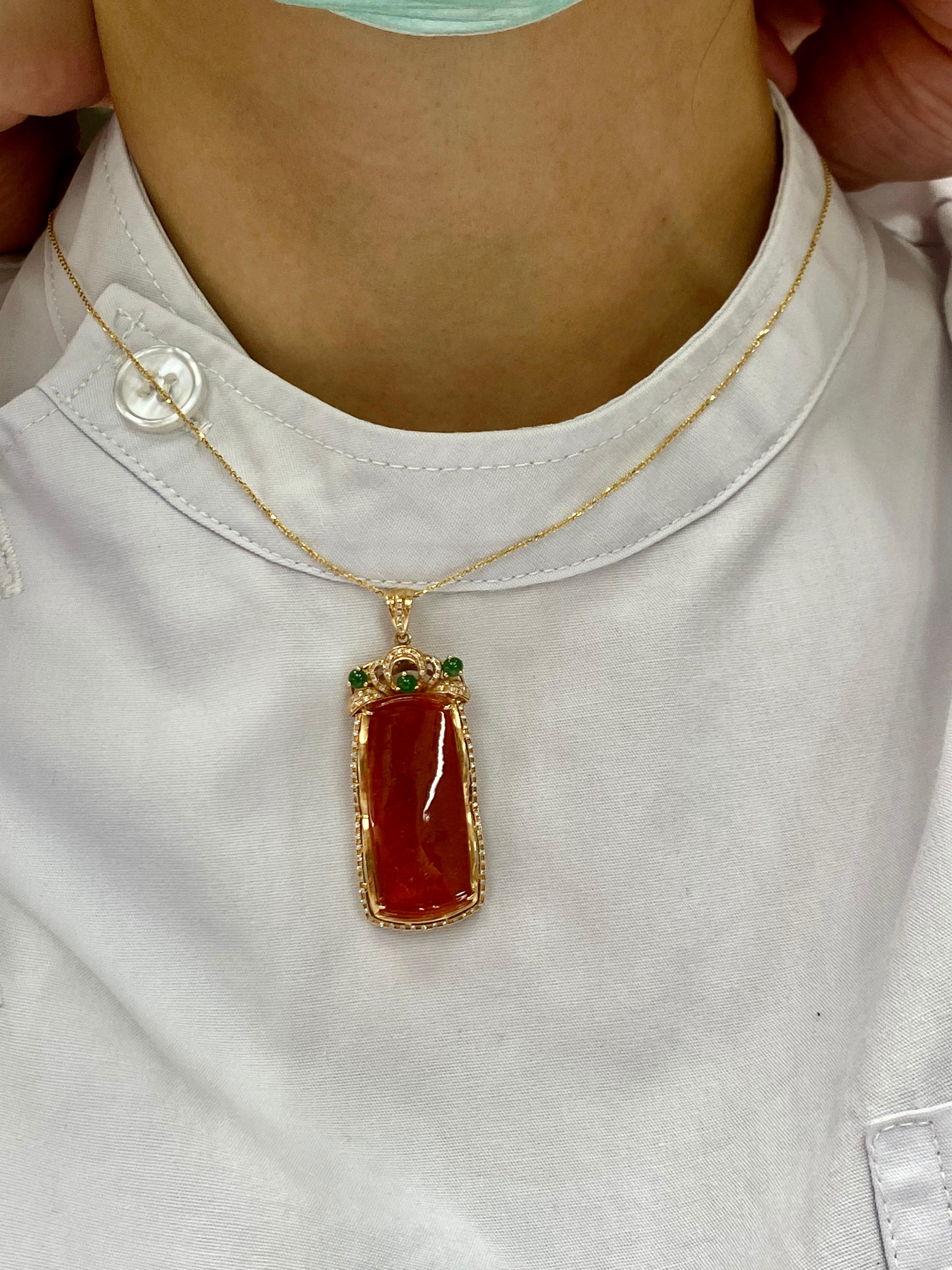 Certified Natural Red Jade, Diamonds, Imperial Green Jade Pendant Drop Necklace In New Condition In Hong Kong, HK