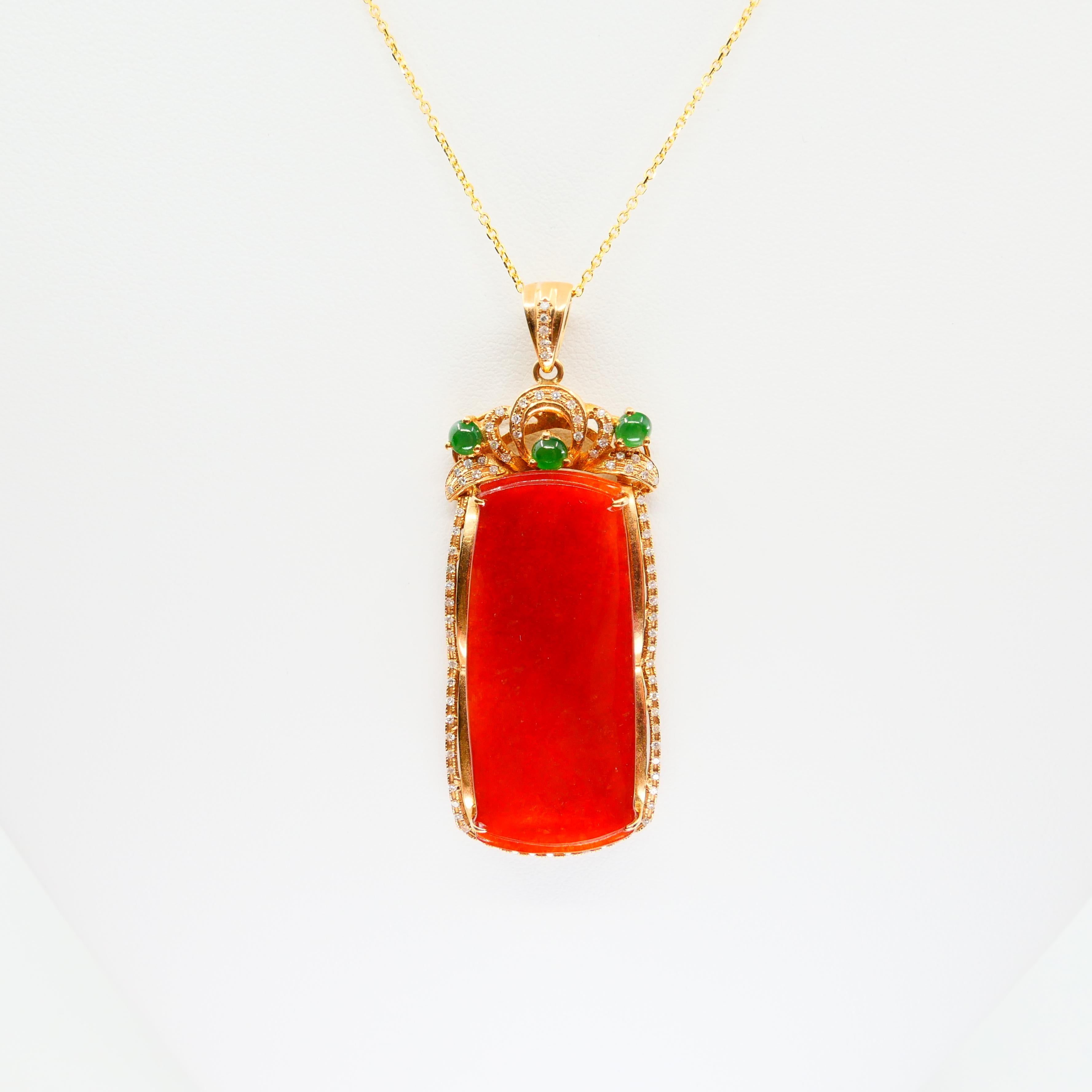 Certified Natural Red Jade, Diamonds, Imperial Green Jade Pendant Drop Necklace 2