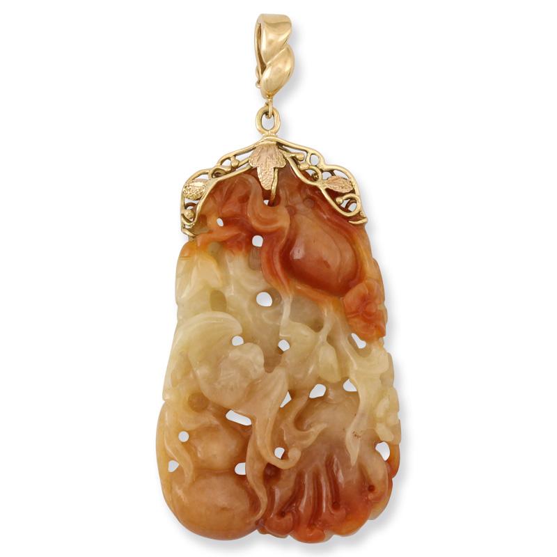 Gorgeous certified natural red jadeite jade Estate carving set with a 14K yellow gold detachable bail so you can place this beautiful pendant on any chain or bead/pearl strand you want to wear it with.

The pendant has many carved symbols in it like