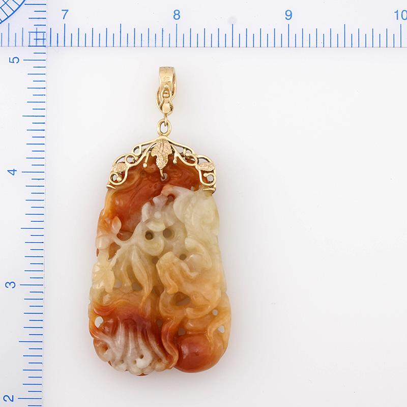 Cabochon Certified Natural Red Jadeite Jade Carved Estate Pendant with 14K Yellow Gold 