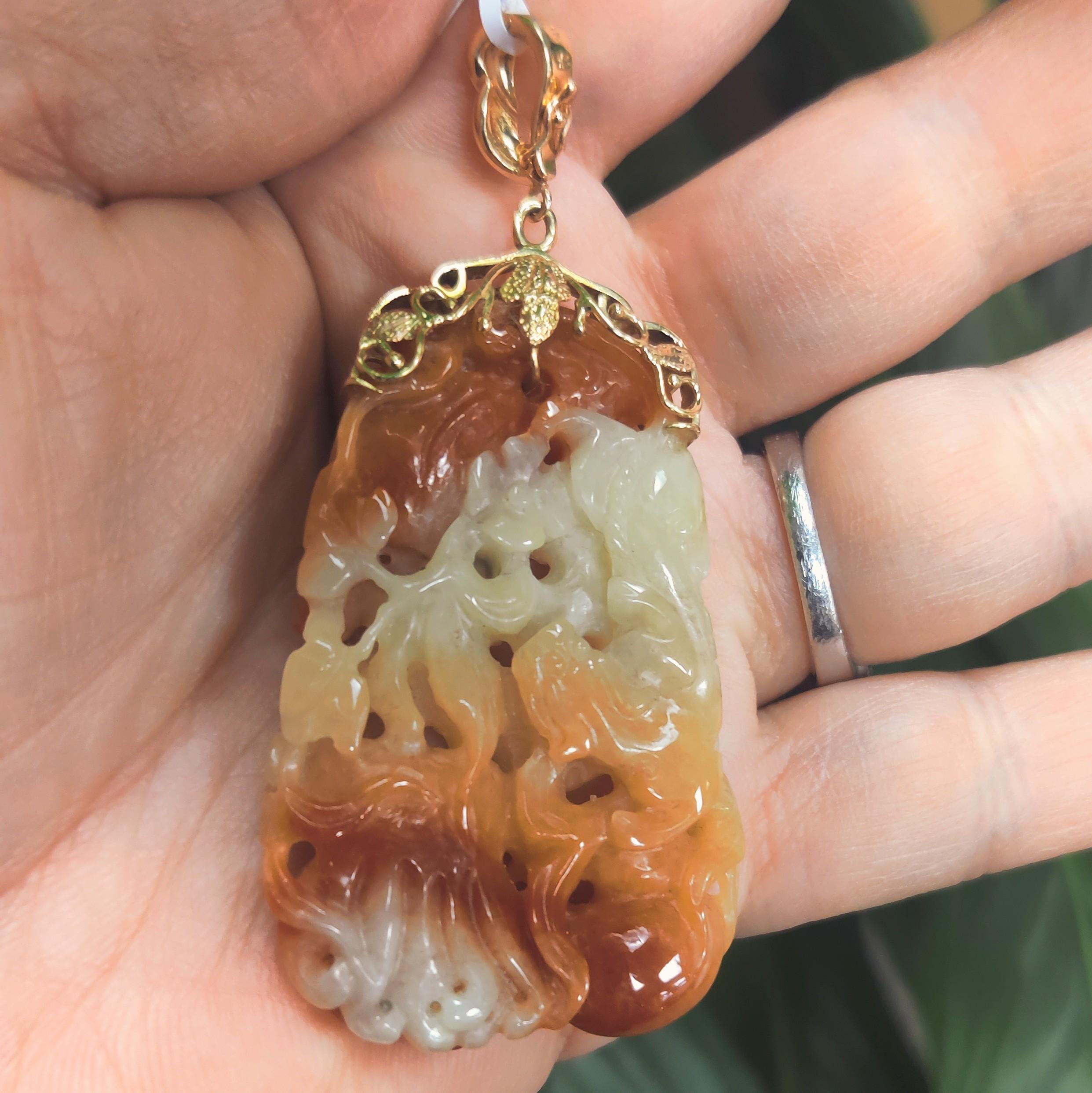 Certified Natural Red Jadeite Jade Carved Estate Pendant with 14K Yellow Gold  In Excellent Condition In Littleton, CO