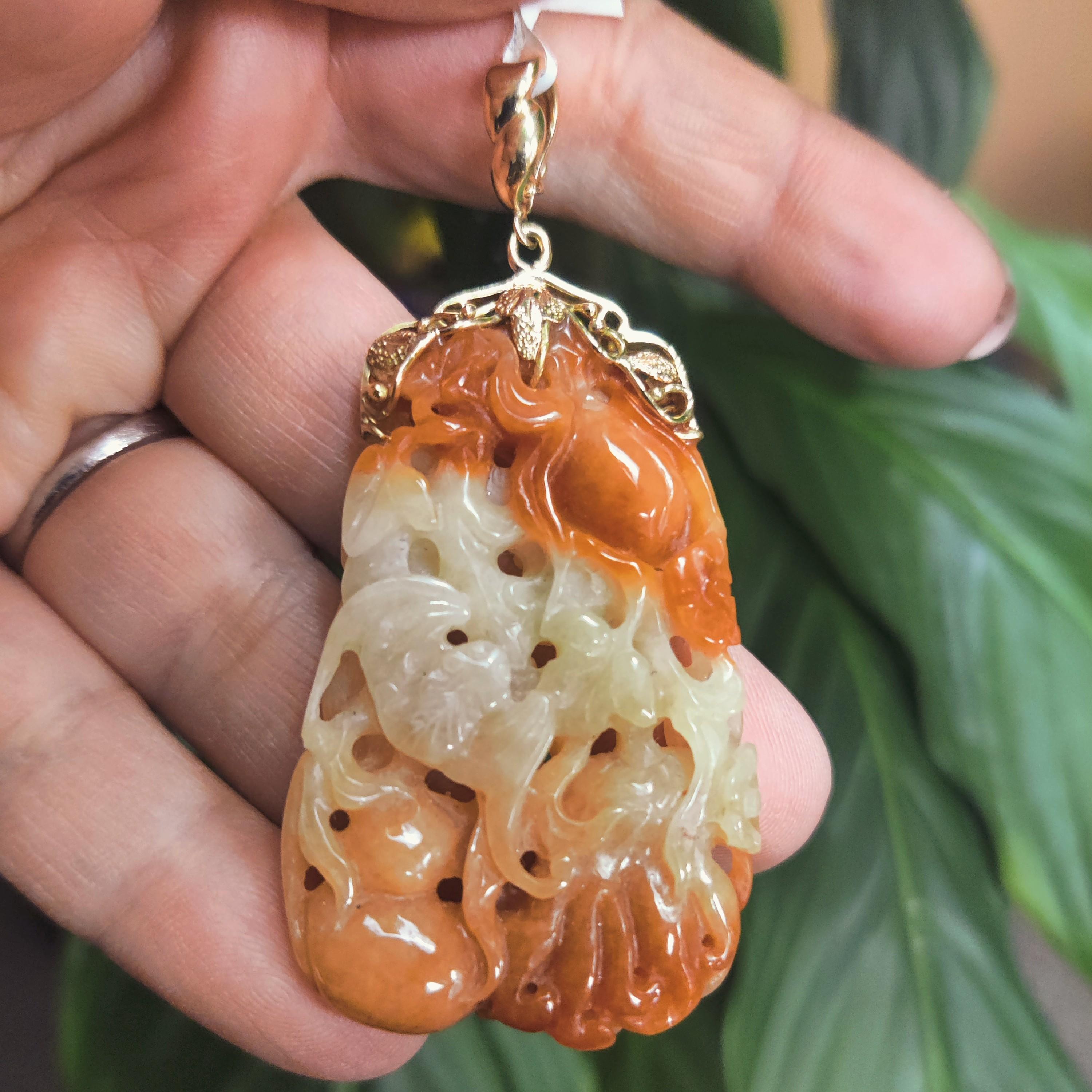 Women's or Men's Certified Natural Red Jadeite Jade Carved Estate Pendant with 14K Yellow Gold 