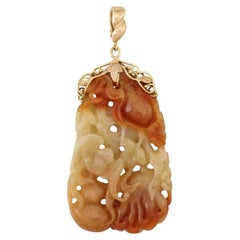 Certified Natural Red Jadeite Jade Carved Estate Pendant with 14K Yellow Gold 