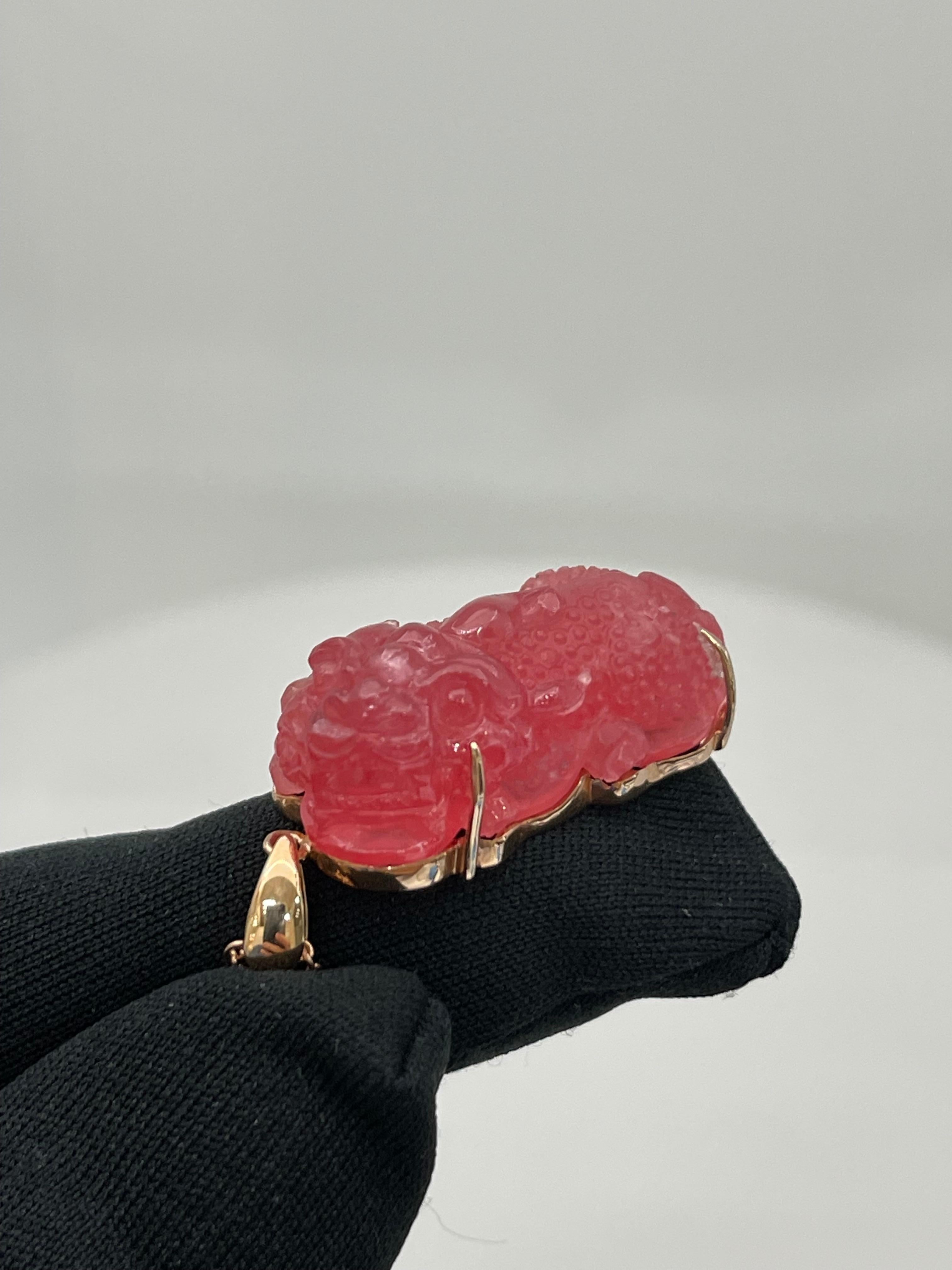 Rough Cut Certified Natural Rhodochrosite Mythical Beast Pendant, Exceptional Workmanship For Sale