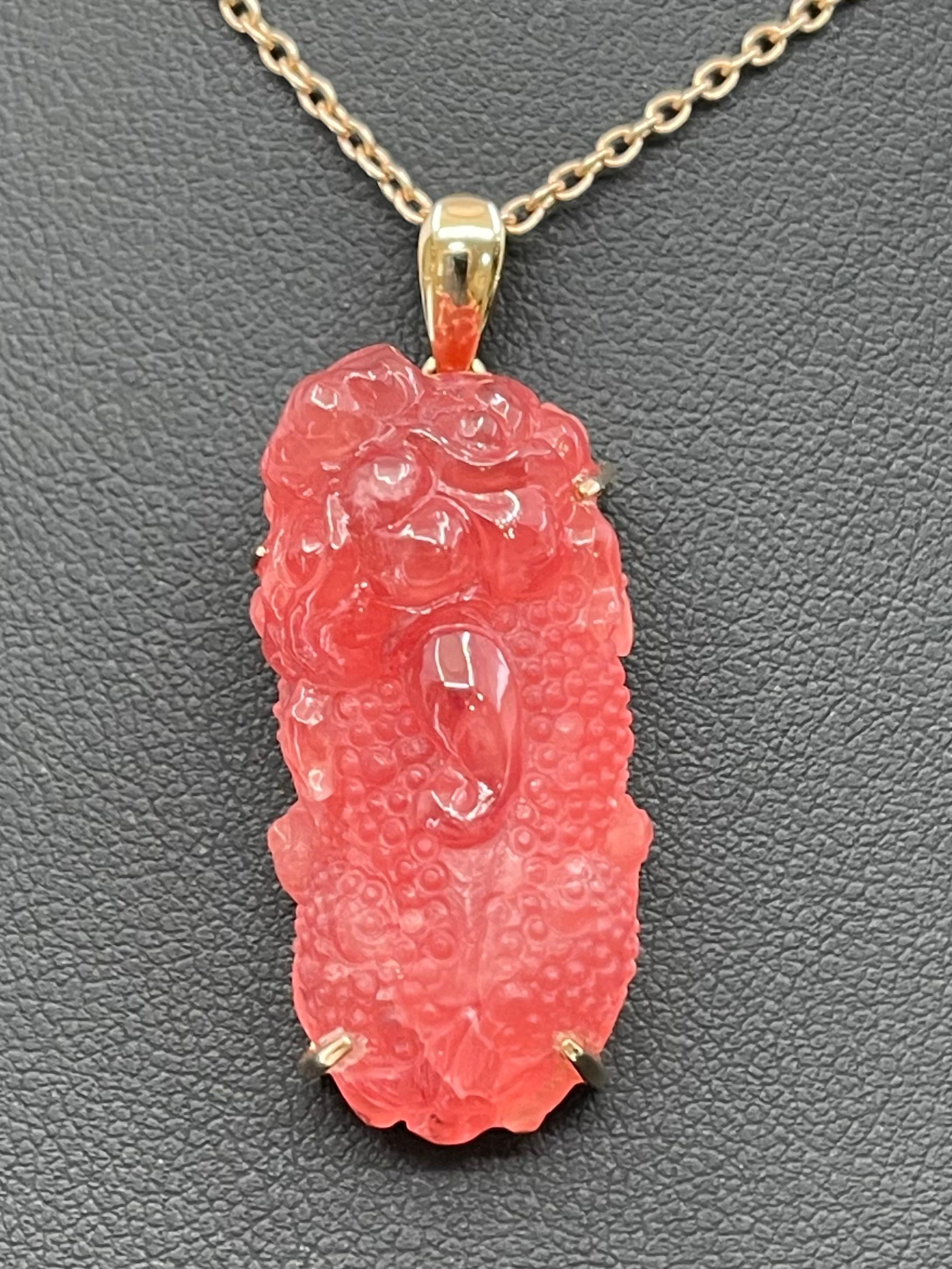 Certified Natural Rhodochrosite Mythical Beast Pendant, Exceptional Workmanship In New Condition For Sale In Hong Kong, HK