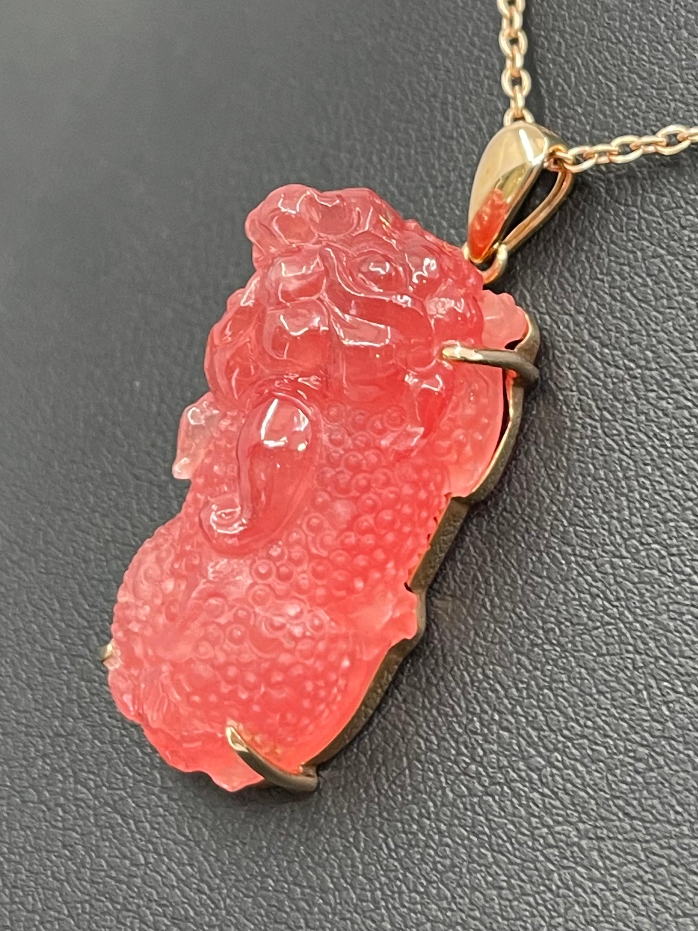 Women's Certified Natural Rhodochrosite Mythical Beast Pendant, Exceptional Workmanship For Sale