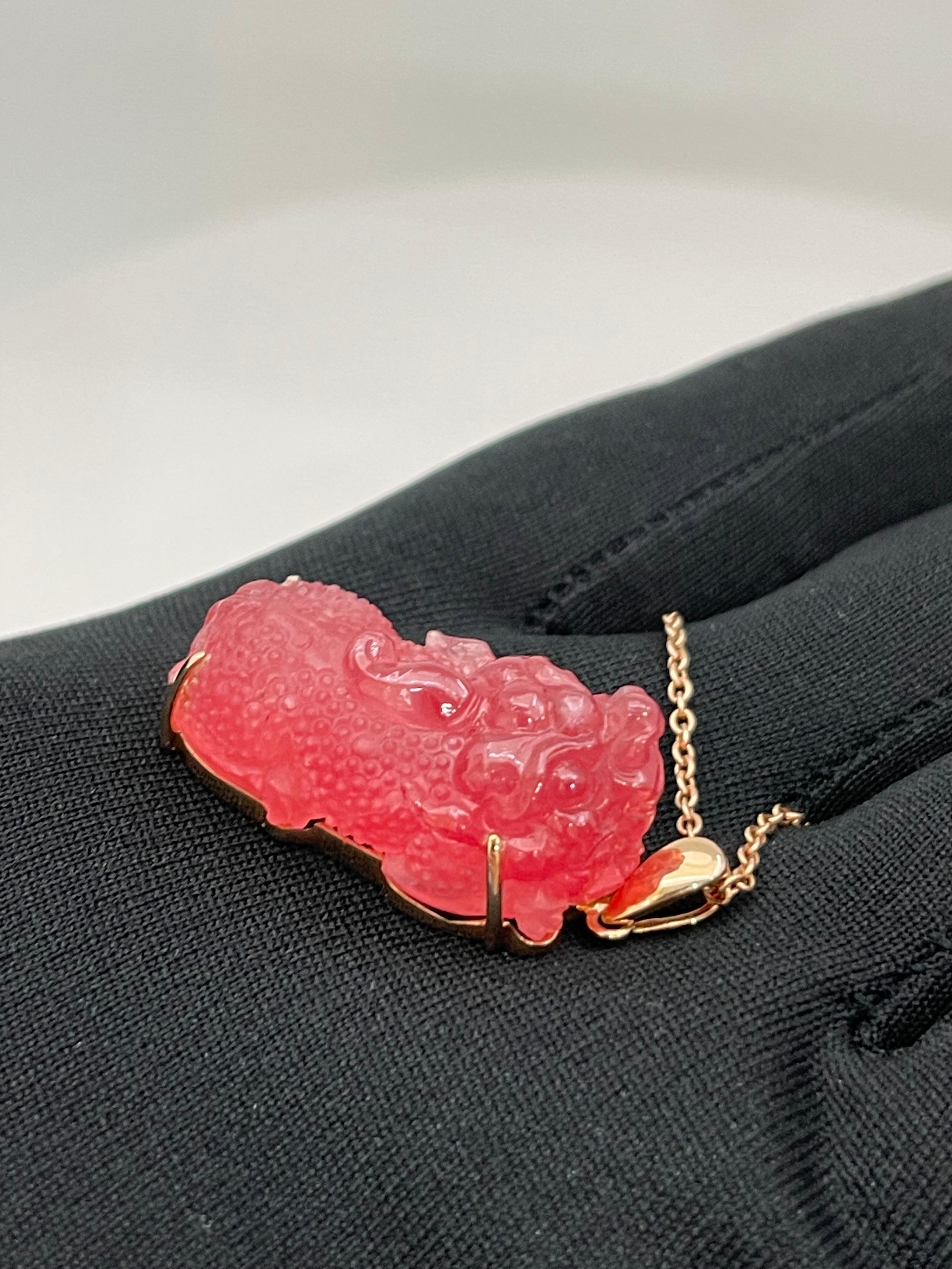 Certified Natural Rhodochrosite Mythical Beast Pendant, Exceptional Workmanship For Sale 2