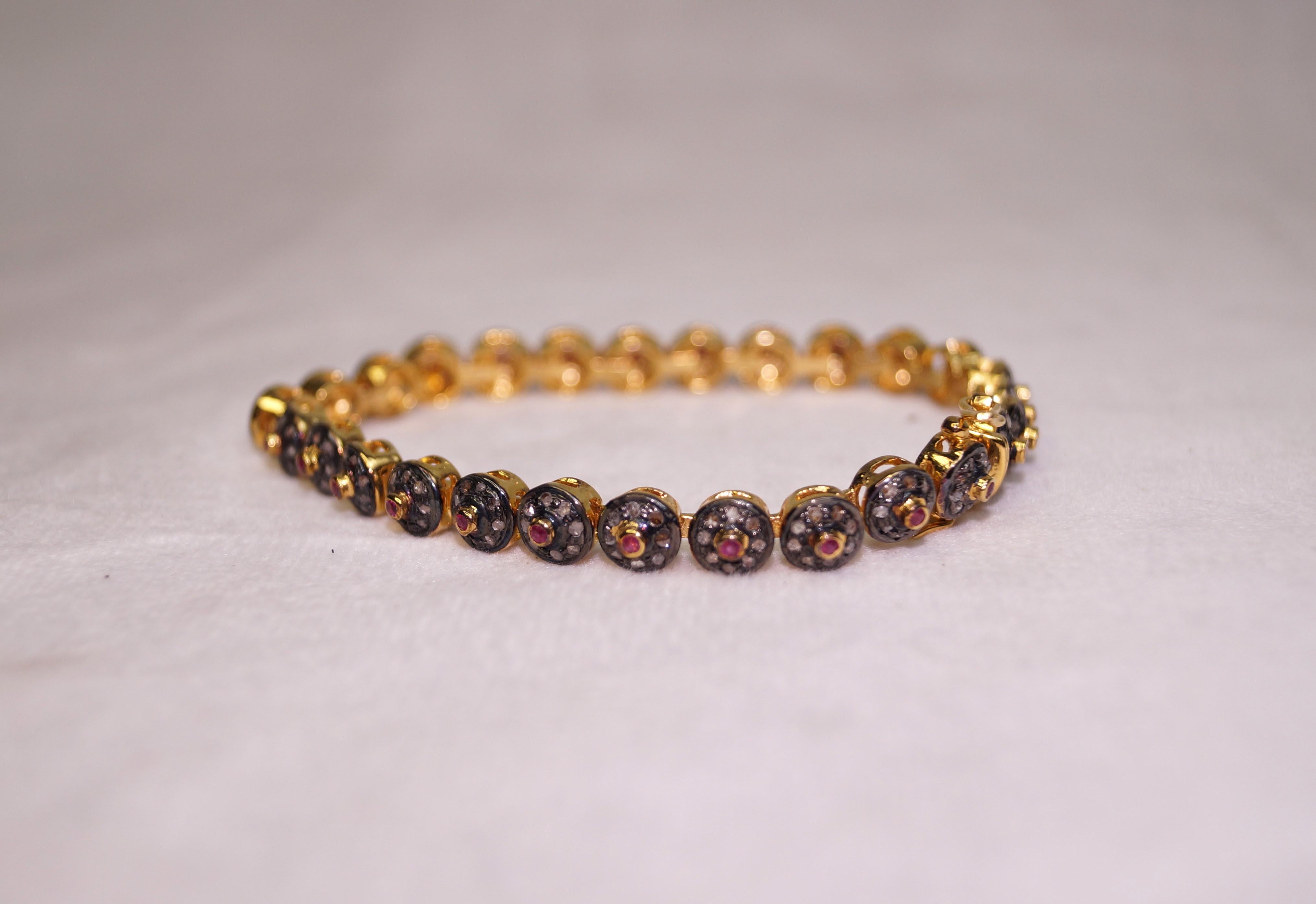Certified natural rose cut Diamonds ruby yellow gold plated silver bracelet In New Condition For Sale In Delhi, DL