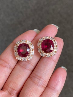 Certified Natural Rubellite and Diamond Earrings in 18K Rose Gold
