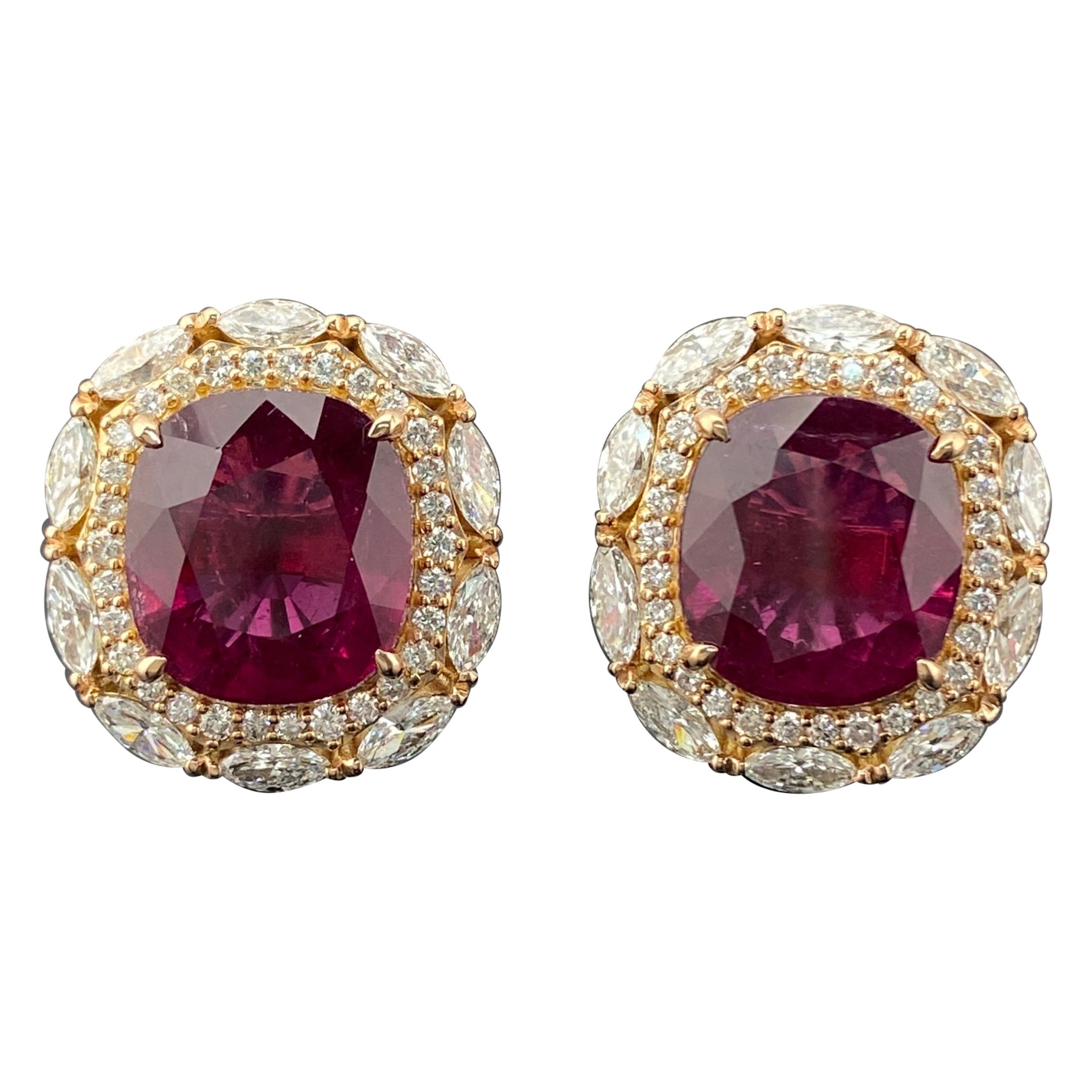 Certified Natural Rubellite and Diamond Earrings in 18K Rose Gold