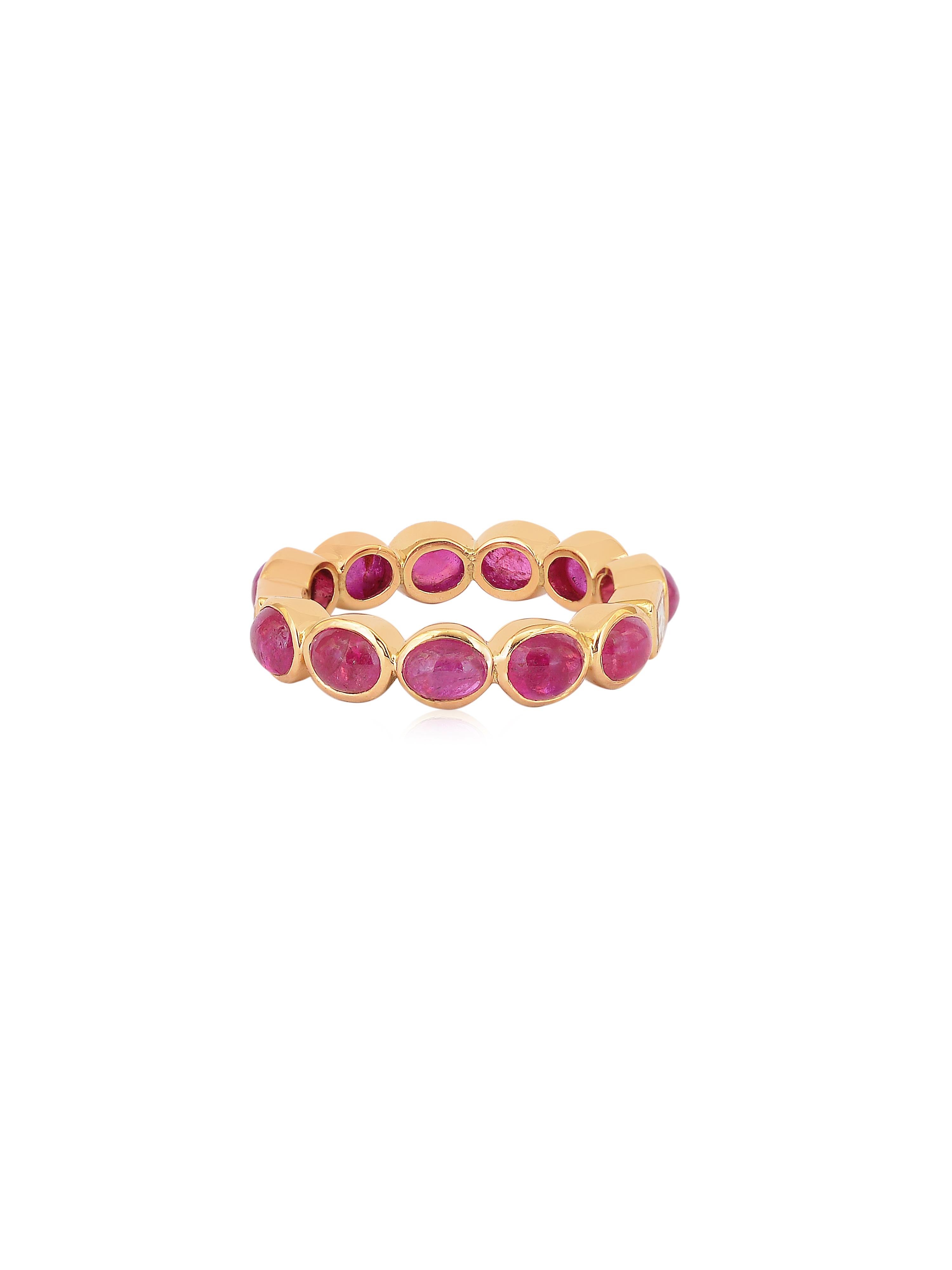 A beautiful stackable ring Natural Ruby cabochon ring with diamond baguettes.
The ring is all handcrafted in 18K Gold. Its light weight and very easy to wear with any outfit which makes it perfect for gifting as well. 

The rings comes with a