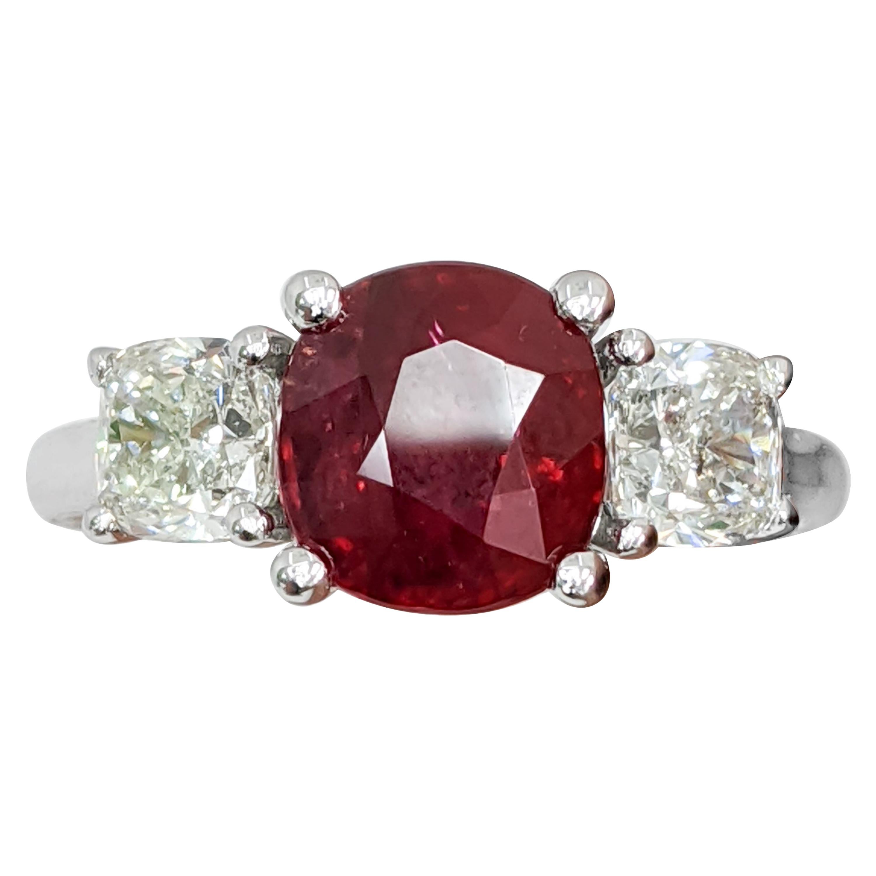 Certified Natural Ruby (No Heat) 3 Cushion 'Diamond and Ruby' Platinum Ring 