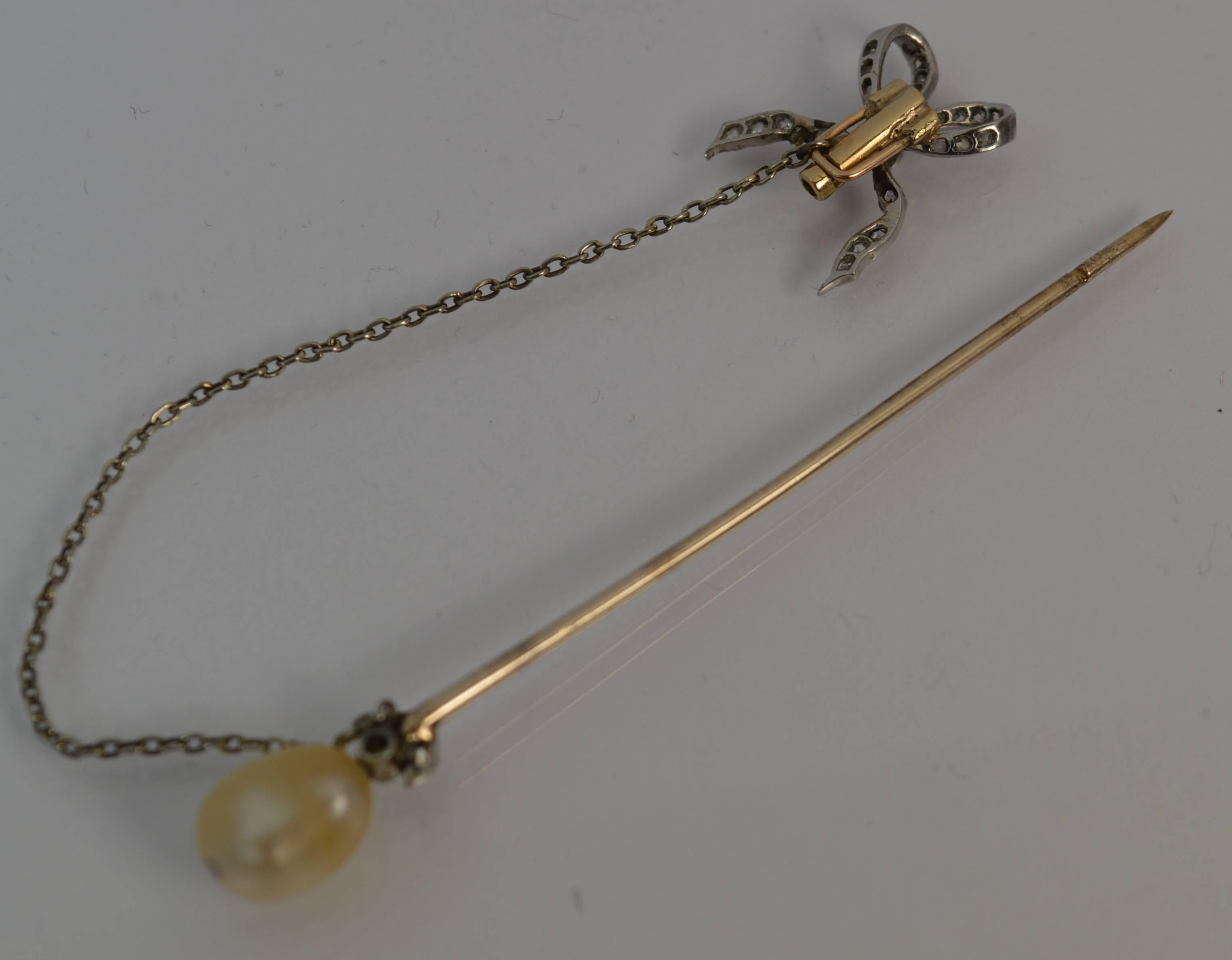 Certified Natural Salt Water Pearl and Diamond Stick Pin Brooch 6