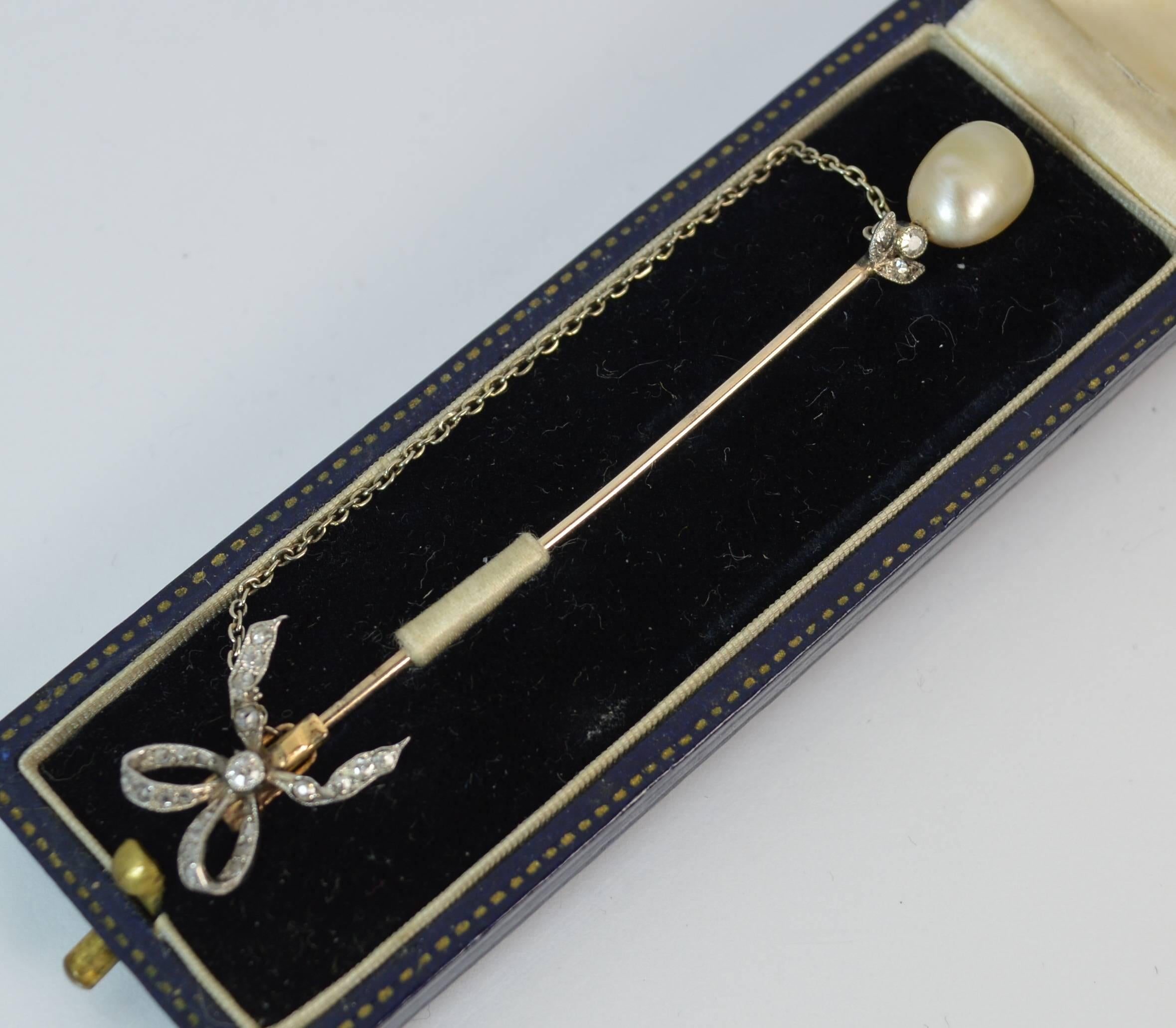 Certified Natural Salt Water Pearl and Diamond Stick Pin Brooch 7