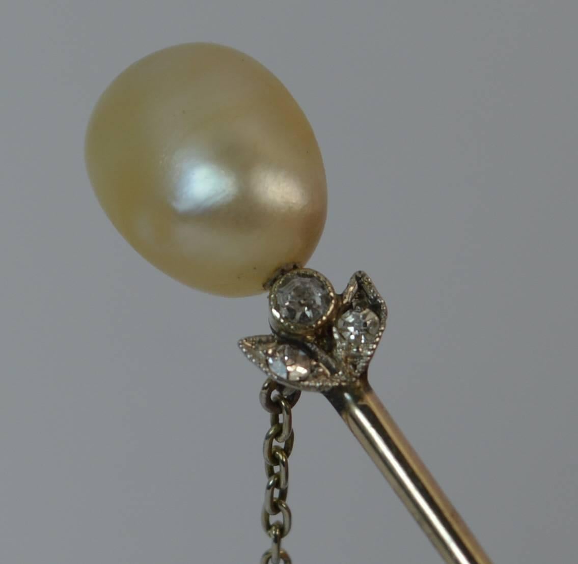 Women's or Men's Certified Natural Salt Water Pearl and Diamond Stick Pin Brooch