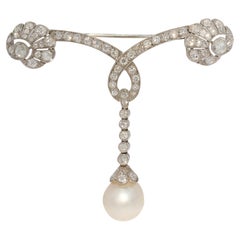 Certified Natural Saltwater Art Deco Platinum Diamond Drop Brooch