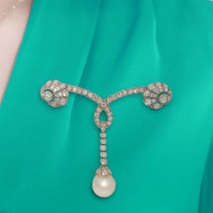 Certified Natural Saltwater Art Deco Platinum Diamond Drop Brooch