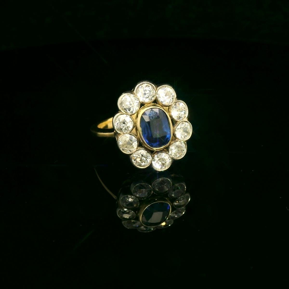 Zertifizierter Ring mit natürlichem Saphir und Diamant um 1900 (Belle Époque) im Angebot