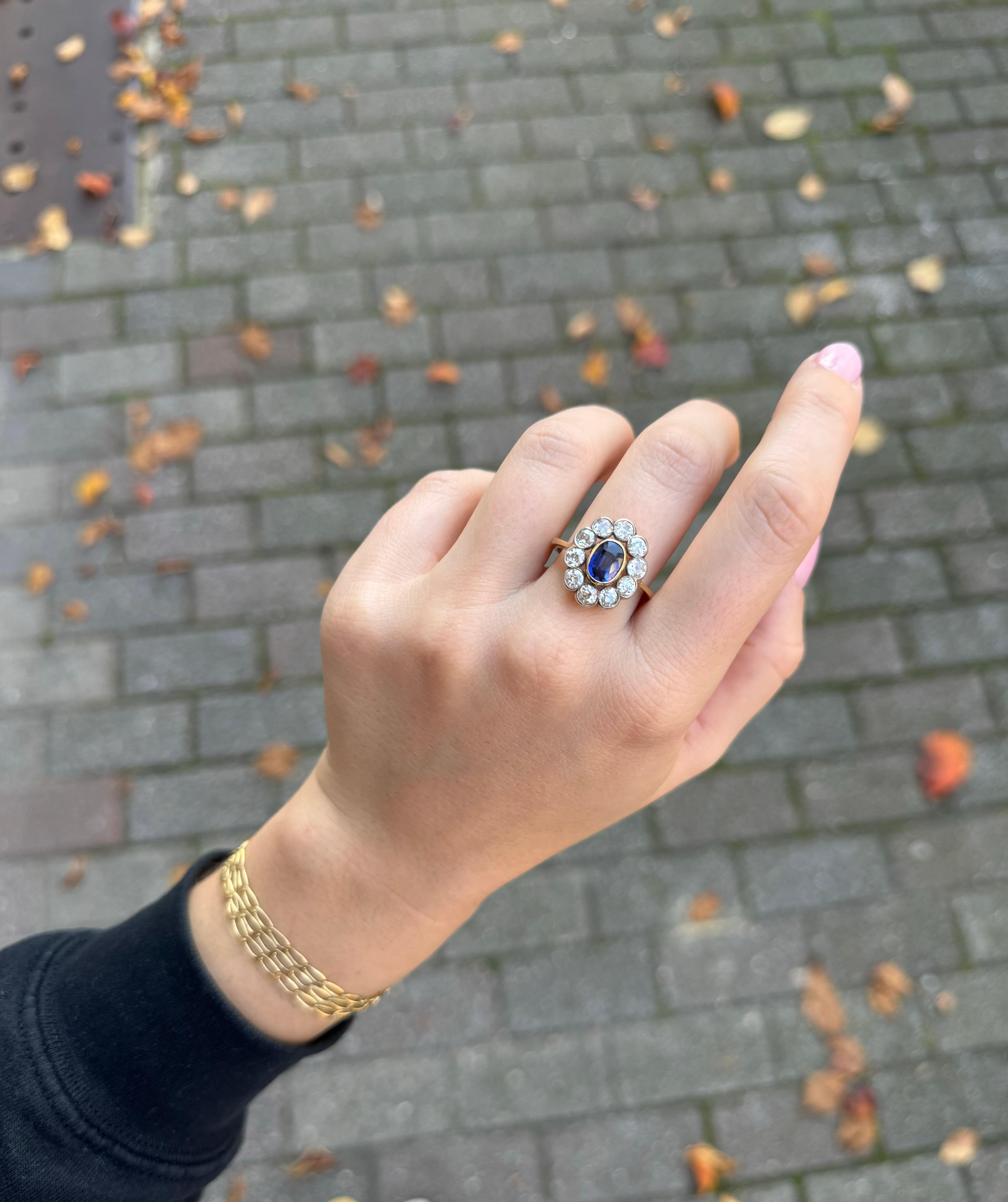 Zertifizierter Ring mit natürlichem Saphir und Diamant um 1900 für Damen oder Herren im Angebot