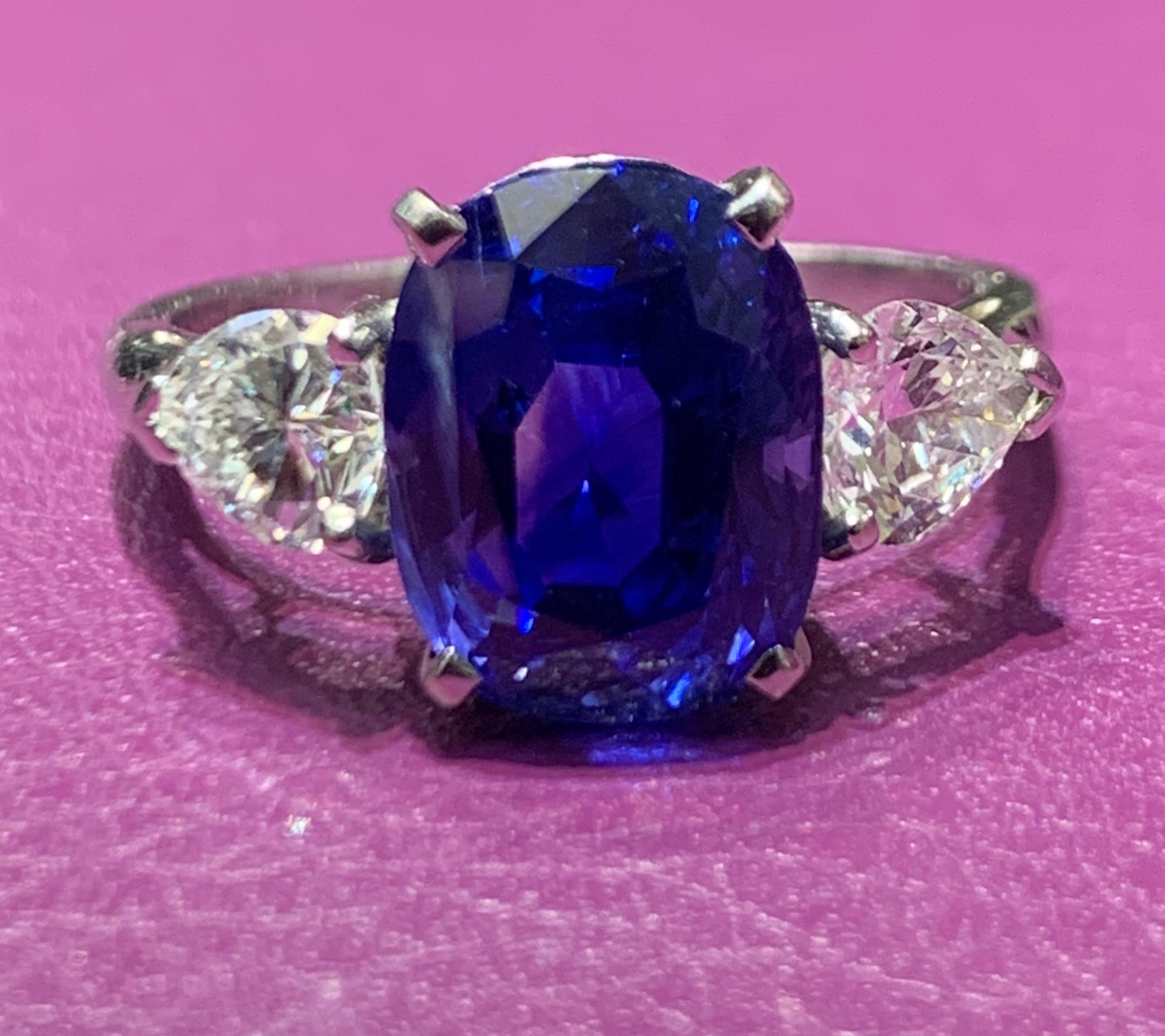  AGL Natural Ceylon Sapphire & Diamond Three Stone Certified Ring set in Platinum
Sapphire Weight: approx 6.50 Cts
Diamond Weight: approx .50 Cts
Ring Size: 7.5 
Re-sizable free of charge
