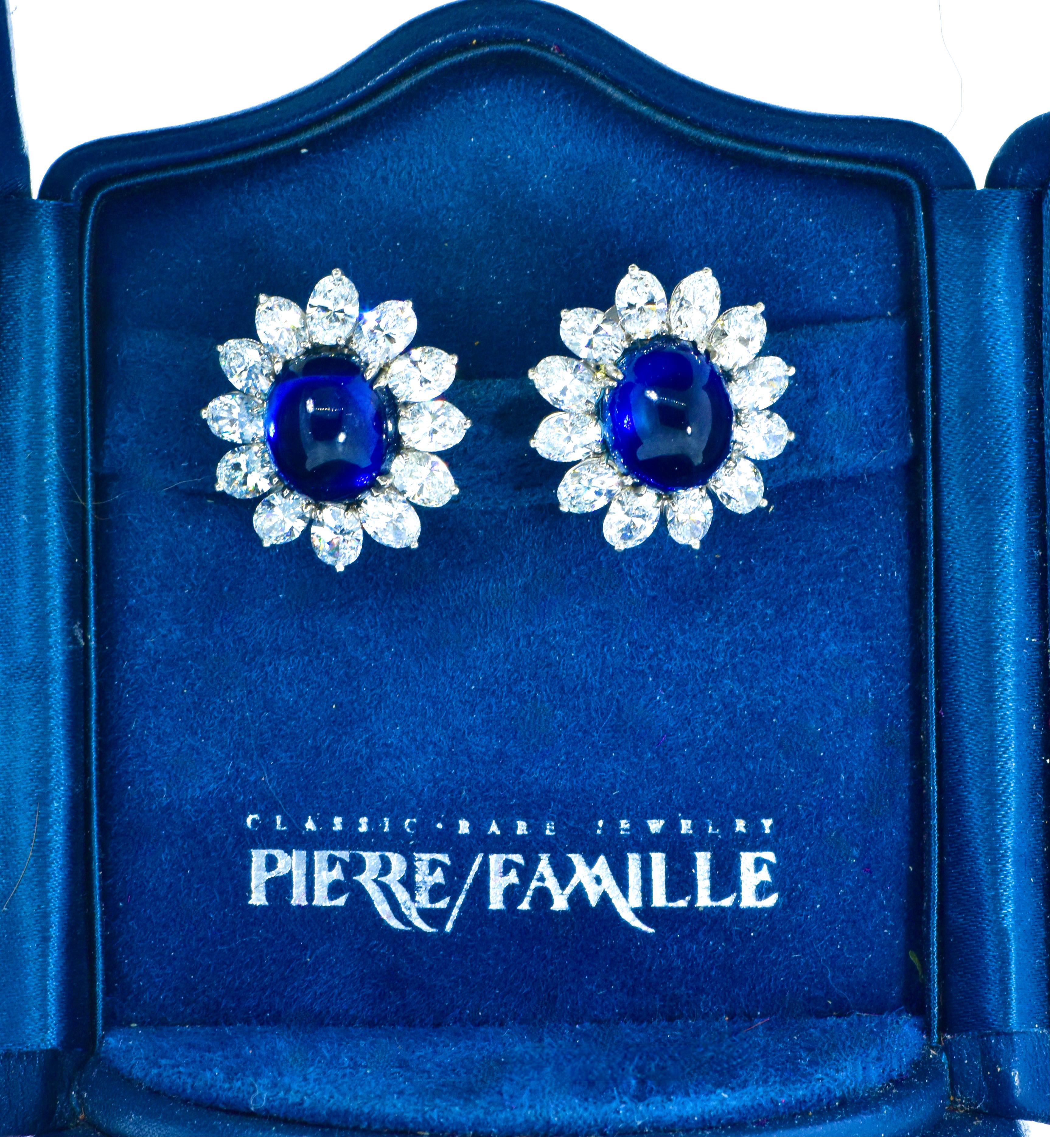 Cabochon Certified Natural Sapphires, weighing 16.77cts & Fine Diamond Vintage Earrings For Sale