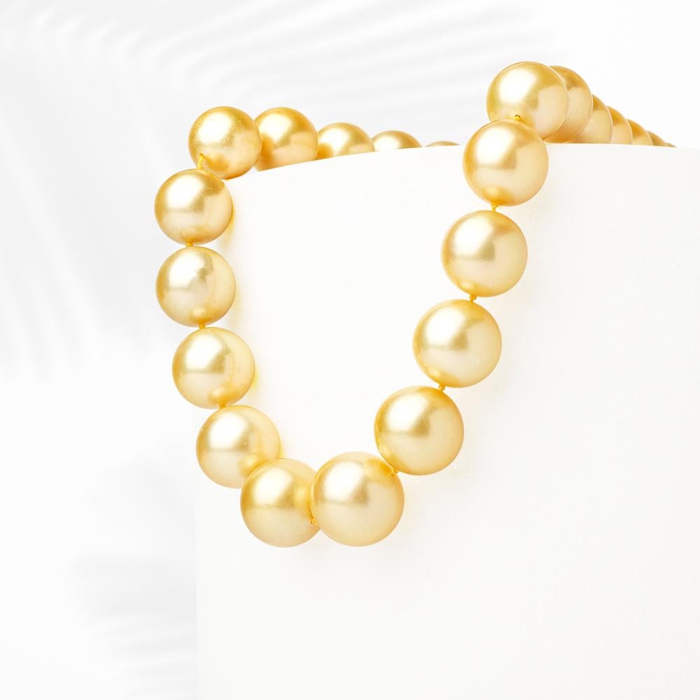   Beautfiul Golden Cultured Pearls of Southsea
Weight   : 94.55 Grams
37 Pieces of Pearls Starting from 10 mm to 13 mm on the center.
 
 This necklace can be customized on the order, diamonds can be added inbetween pearls or/and the strand can be