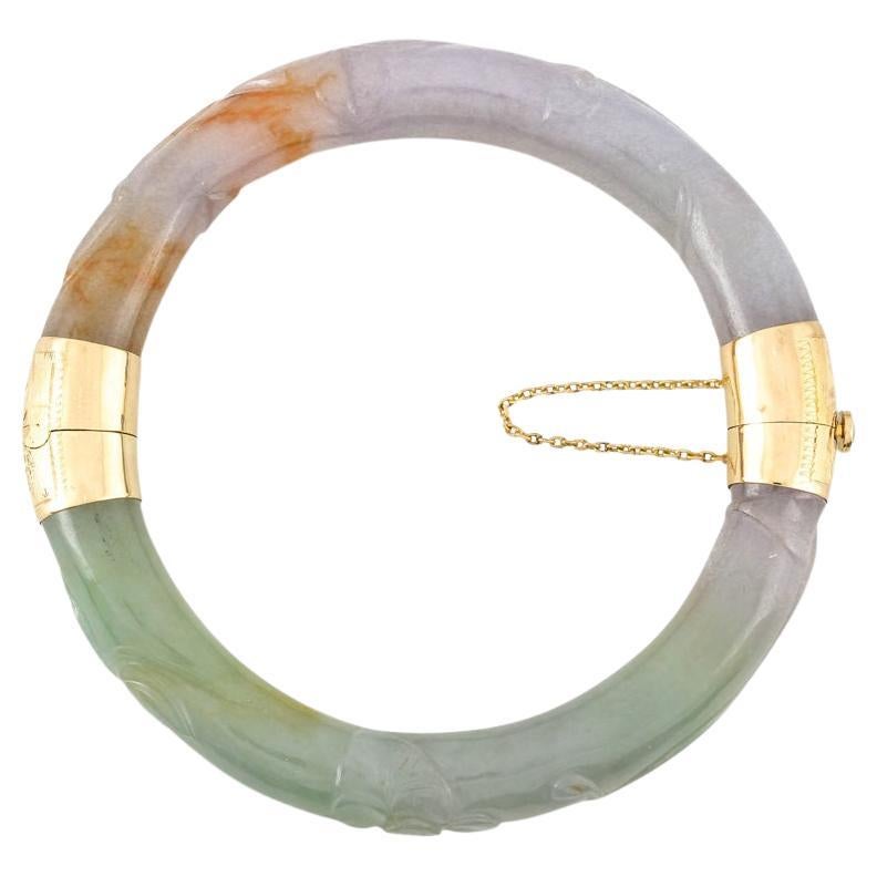 Certified Natural Tri-Color Jadeite Jade & 14k Gold Hinged Estate Bangle