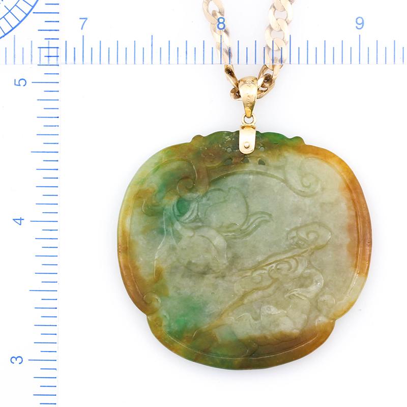 Truly a One-of-a-kind Mason-Kay Original Piece! Amazing Certified Natural Color (no dyes, polymers or treatments) Tri-Color (yellow, green & red) carved jadeite jade medallion carving (approx. 44x47mm). The carving features double dragons at the top