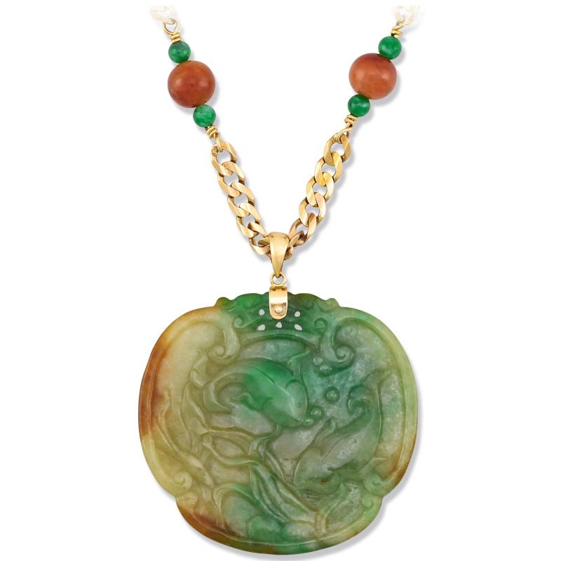 Zertifizierte natürliche dreifarbige Jadeit Jade Medaillon & 14K Gelbgold Halskette für Damen oder Herren im Angebot